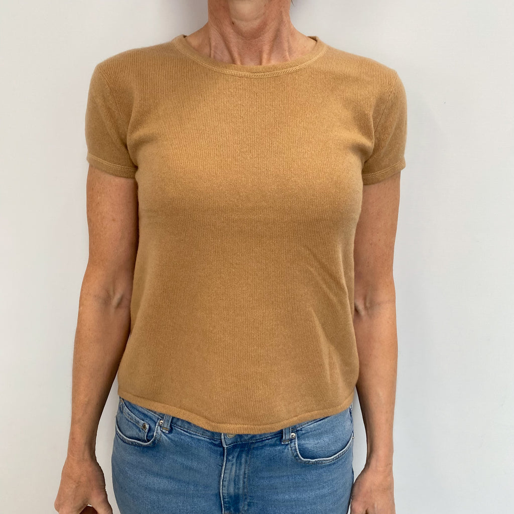 Camel Brown Cashmere Short Sleeved Crew Neck Jumper Small