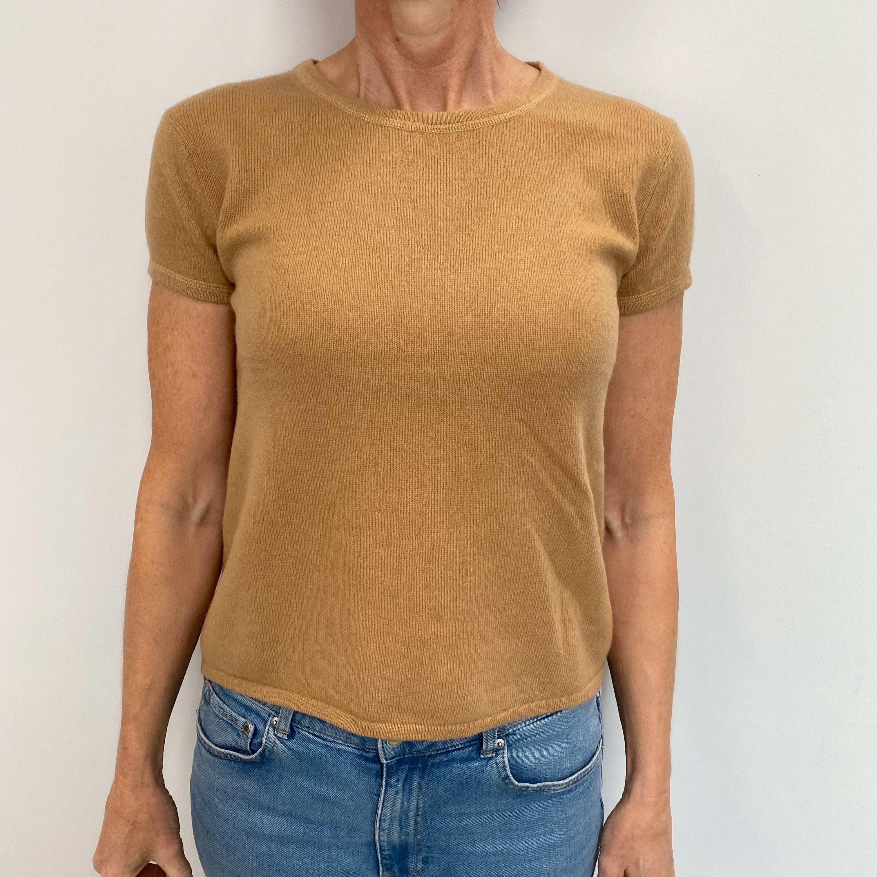 Camel Brown Cashmere Short Sleeved Crew Neck Jumper Small