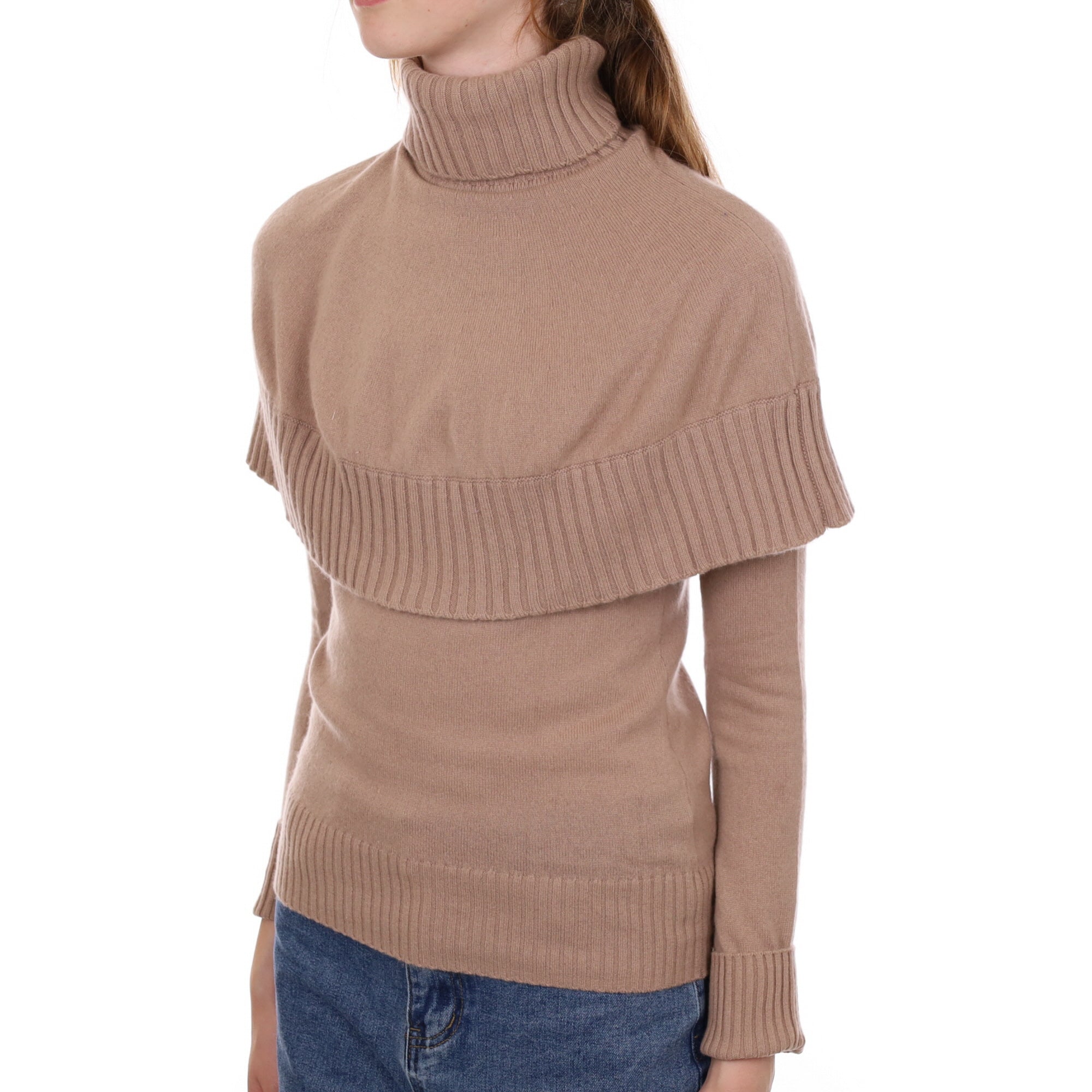 Fudge Brown Cashmere Polo Neck Jumper with Cape Extra Small