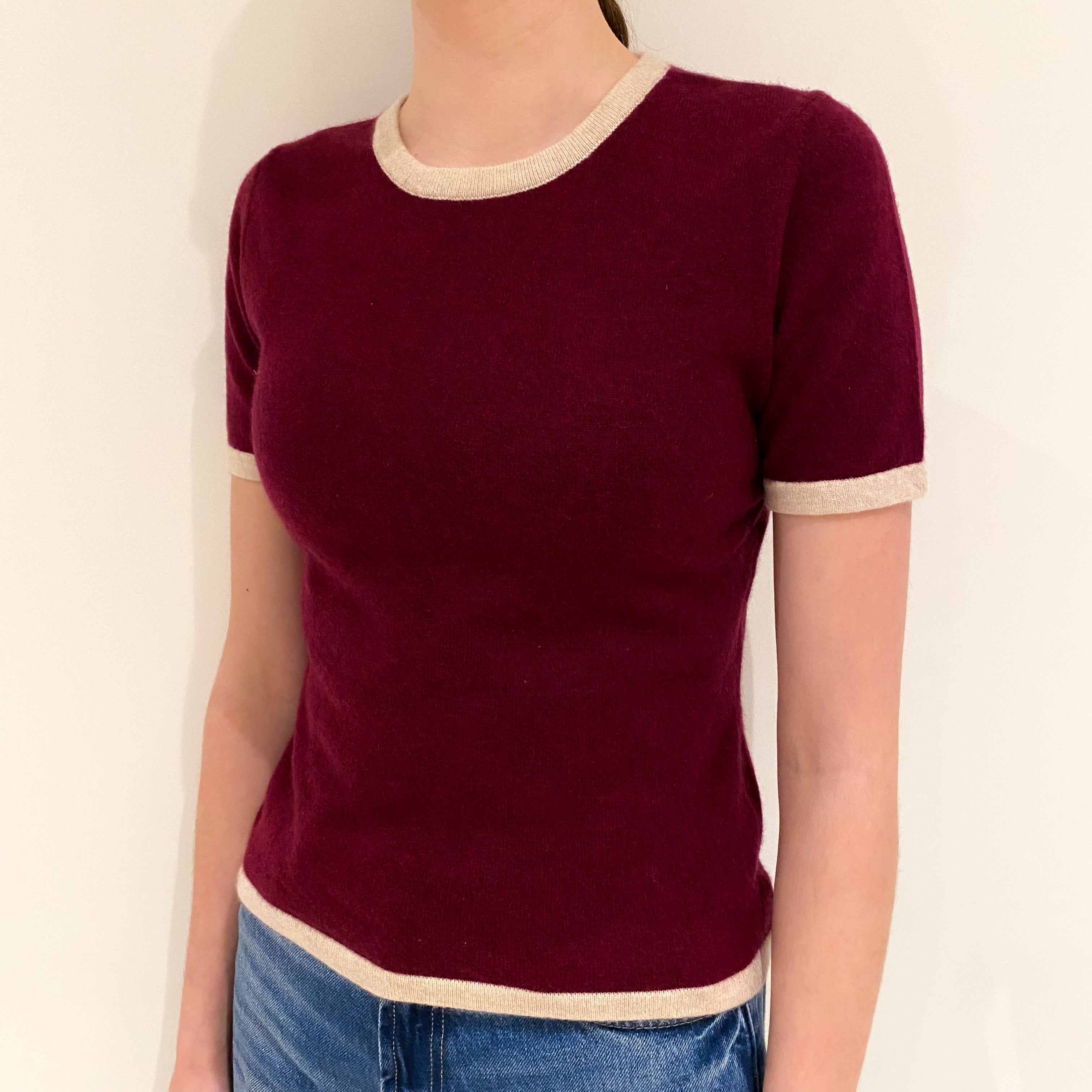 Burgundy Red Cashmere Short Sleeved Crew Neck Jumper Extra Small