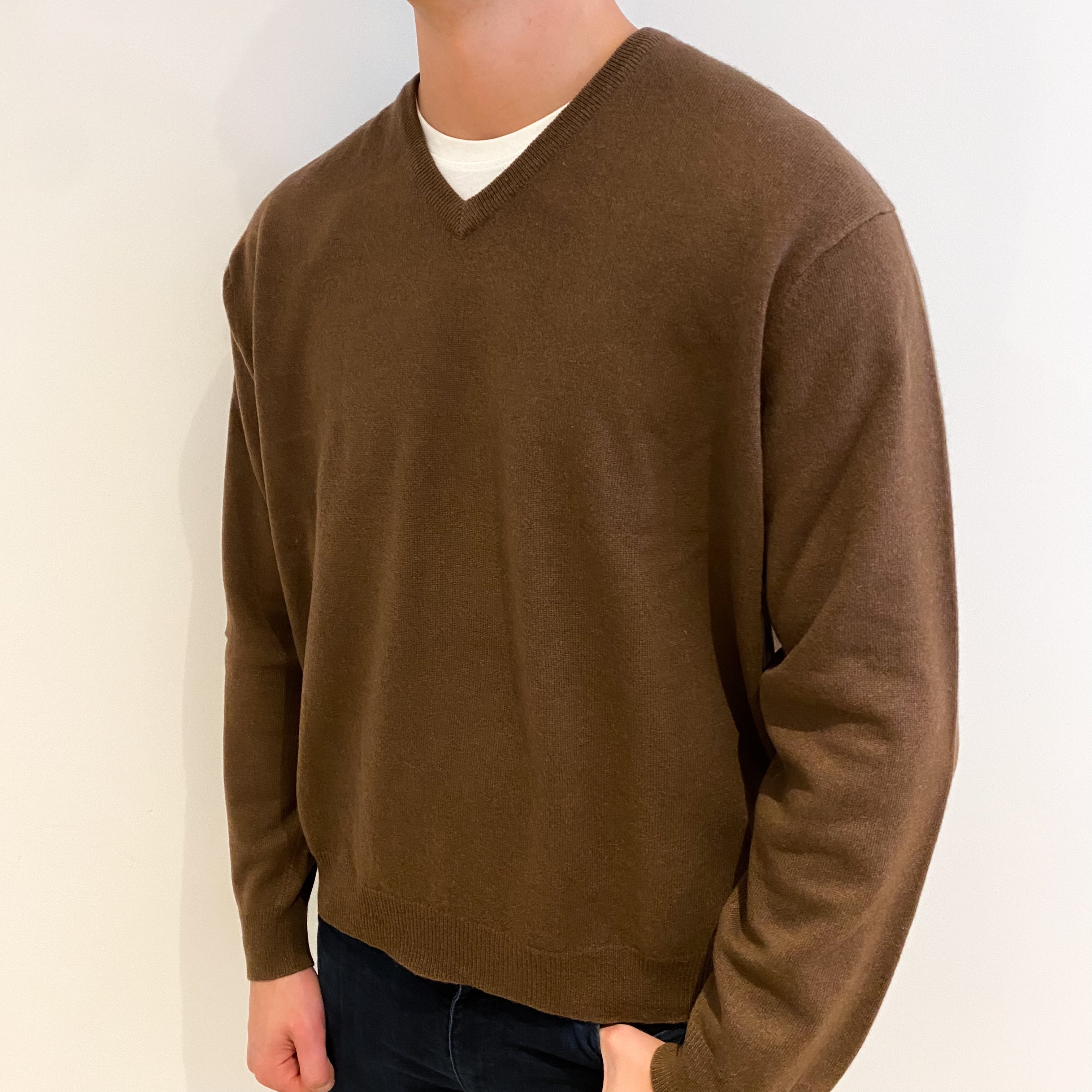 Men's Milk Chocolate Brown Cashmere V Neck Jumper XXL