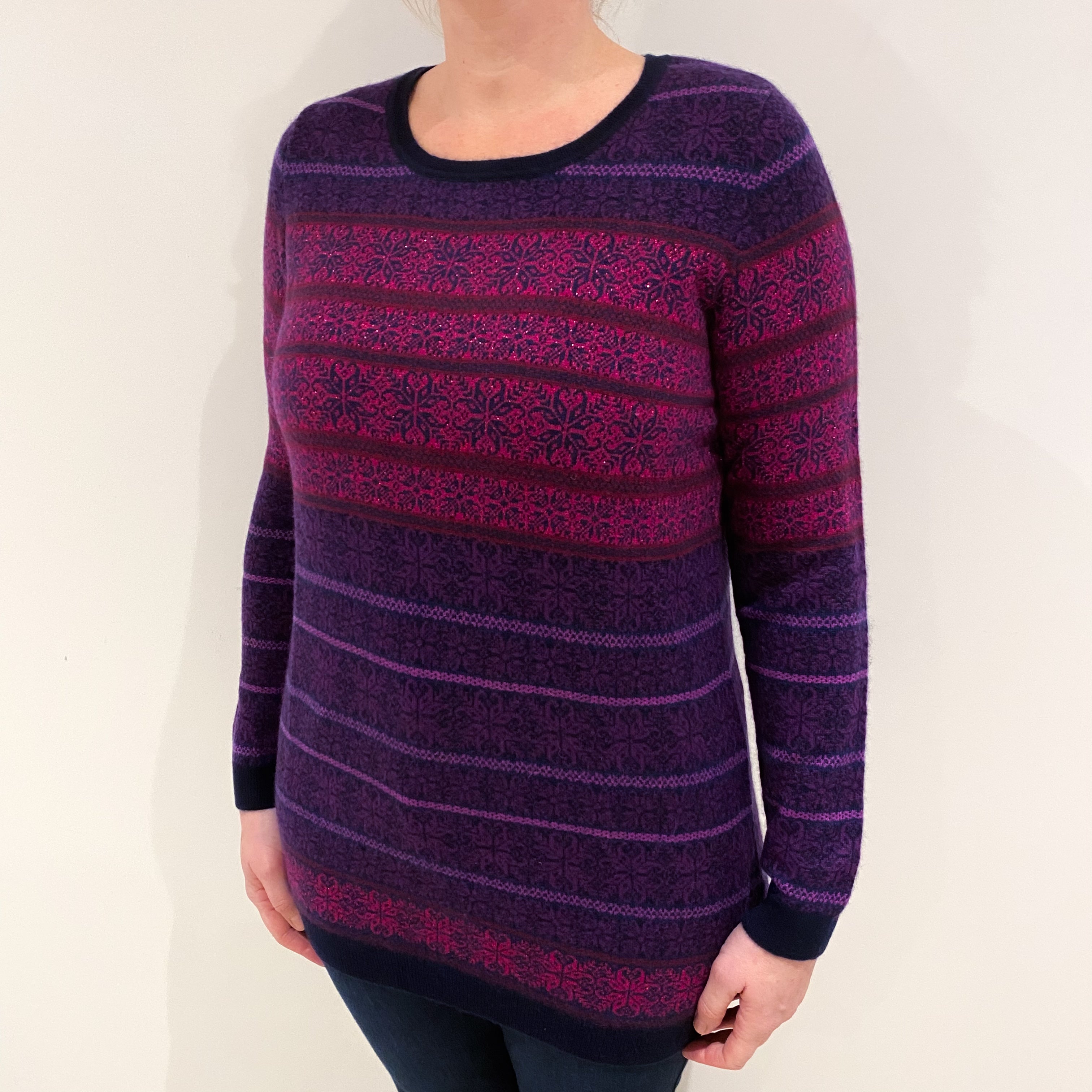 Navy and Purple Sparkly Patterned Cashmere Crew Neck Jumper Large