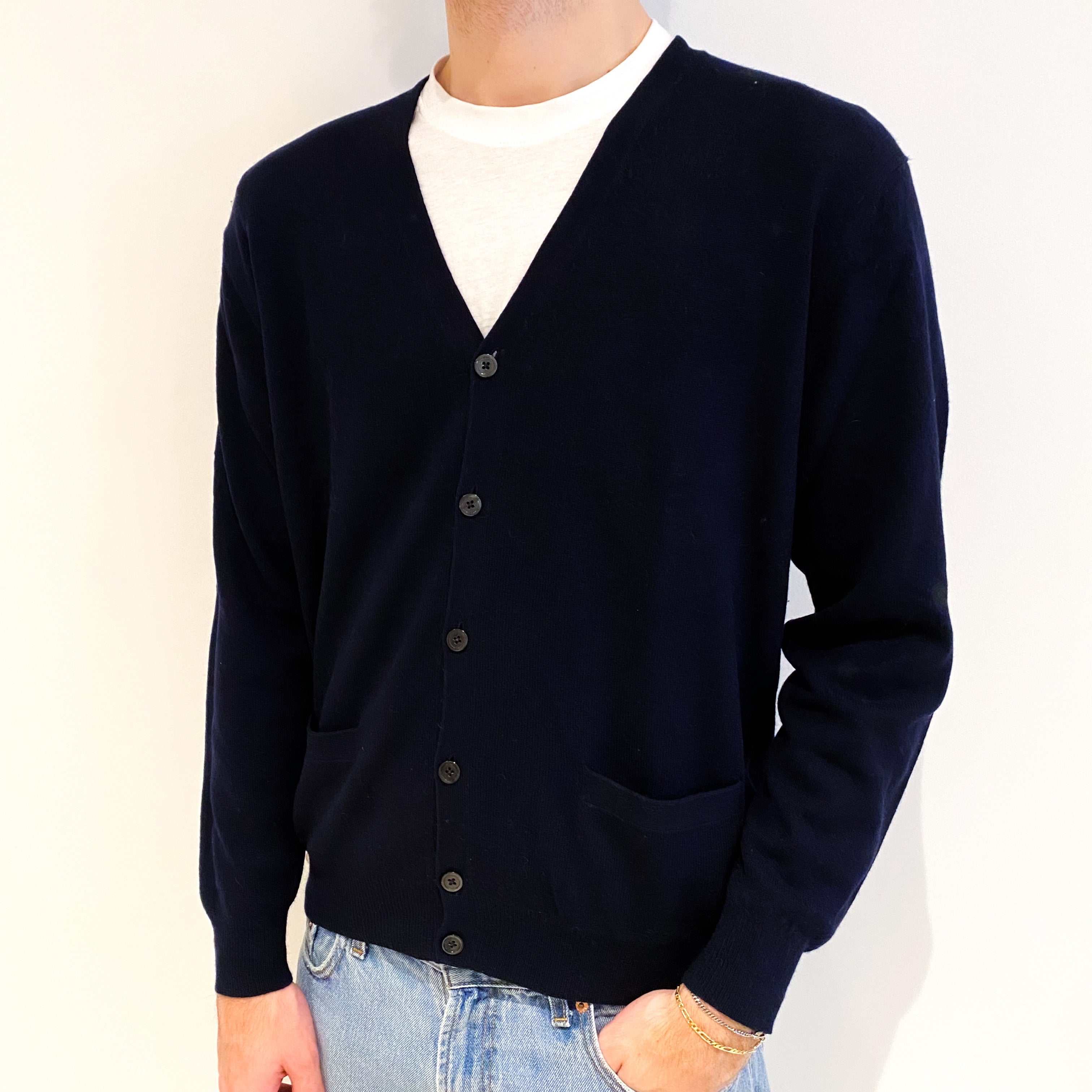 Men's Navy Blue Cashmere V Neck Cardigan Medium