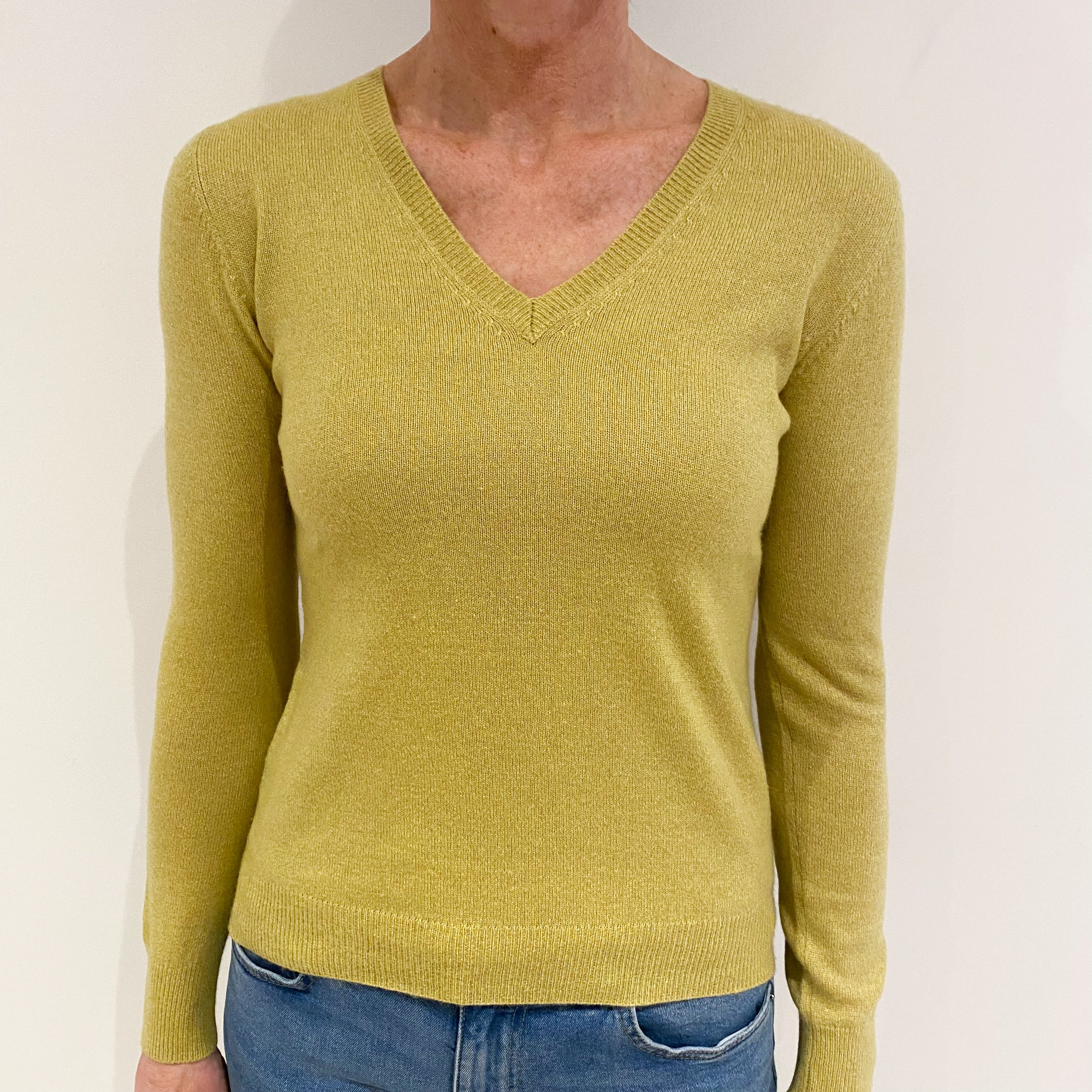 Deep Pistachio Green Cashmere V Neck Jumper Small