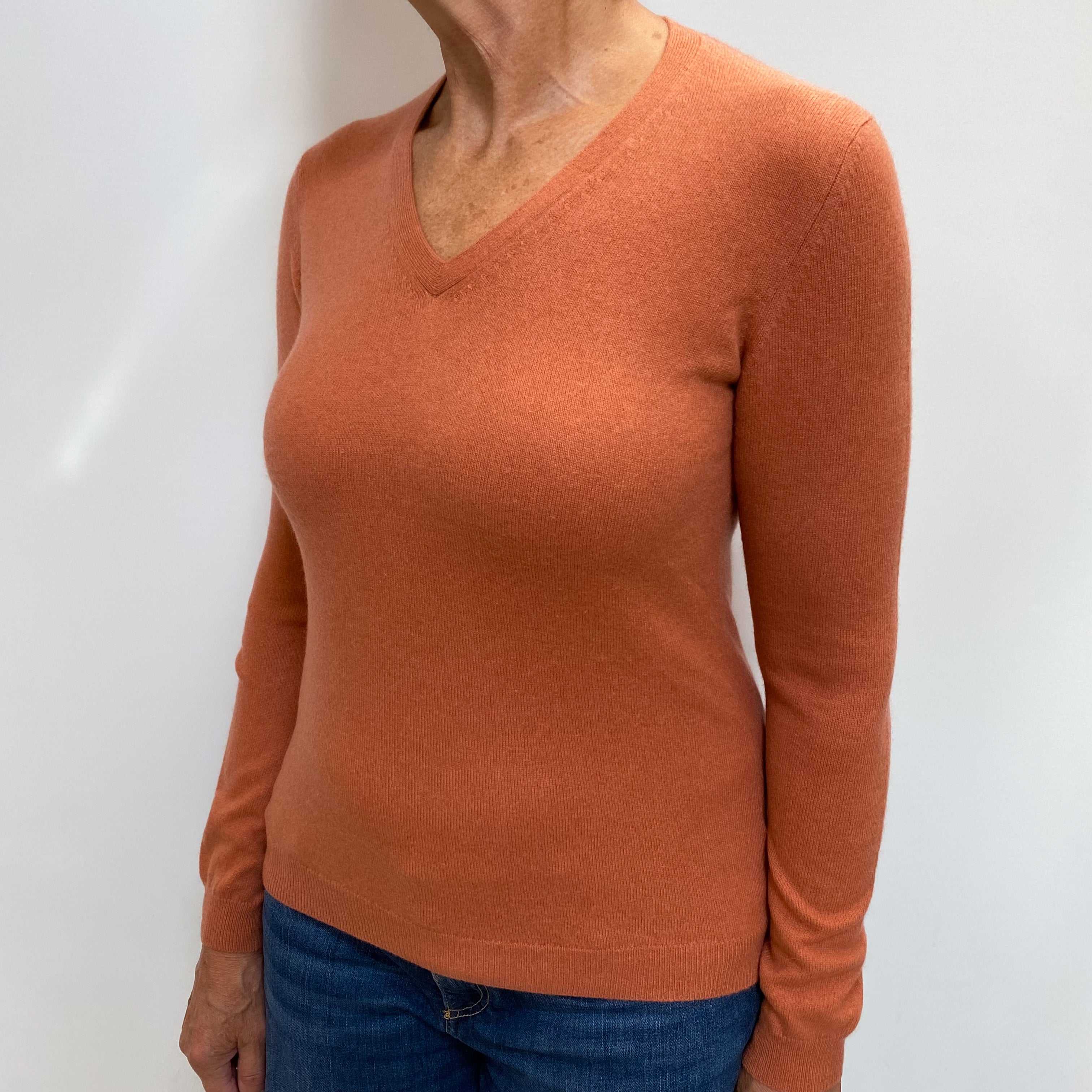 Terracotta Orange Cashmere V Neck Jumper Medium