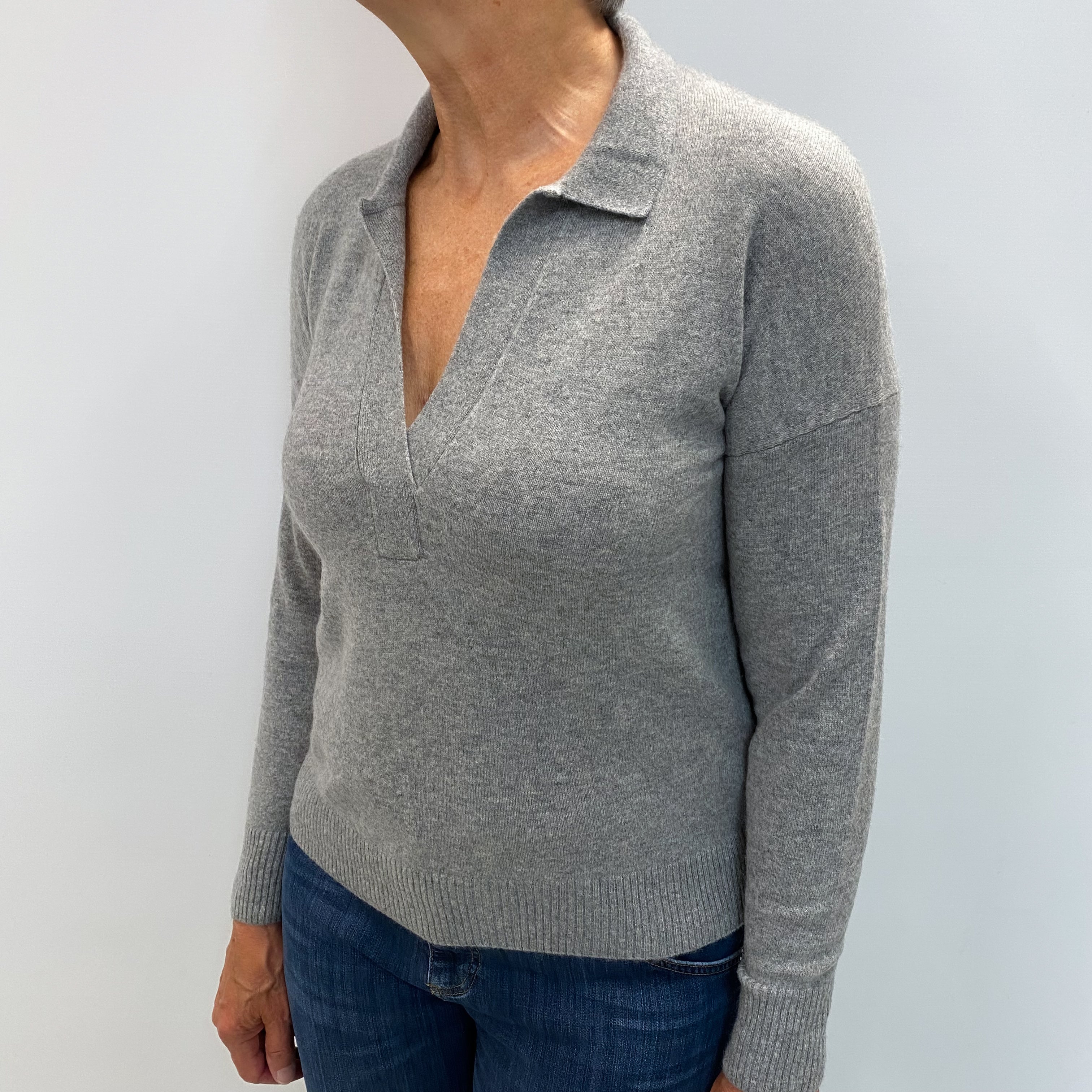 Smoke Grey Cashmere Collared V Neck Jumper Medium