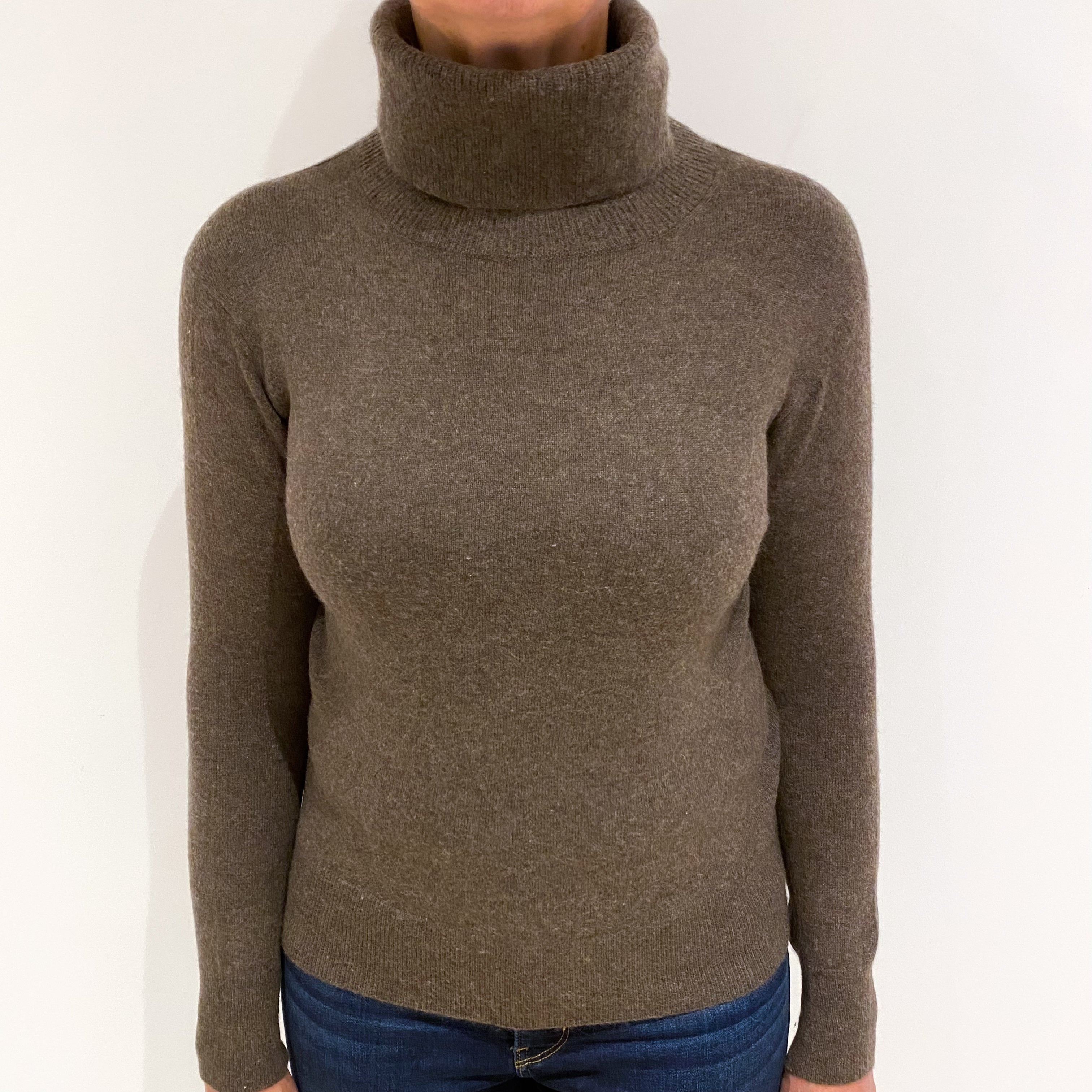 Mole Brown Cashmere Polo Neck Jumper Medium