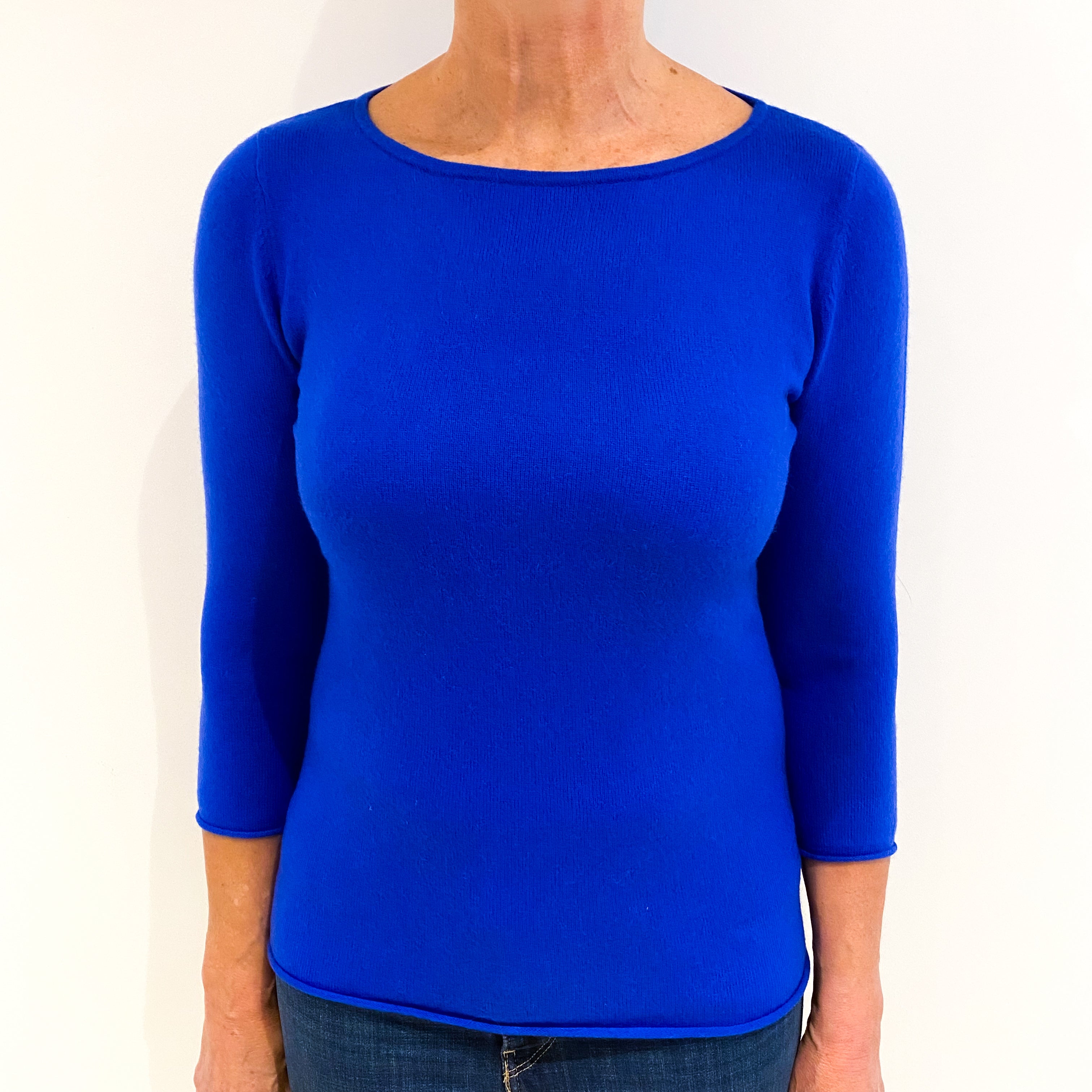 Electric Blue 3/4 Sleeve Cashmere Wide Crew Neck Jumper