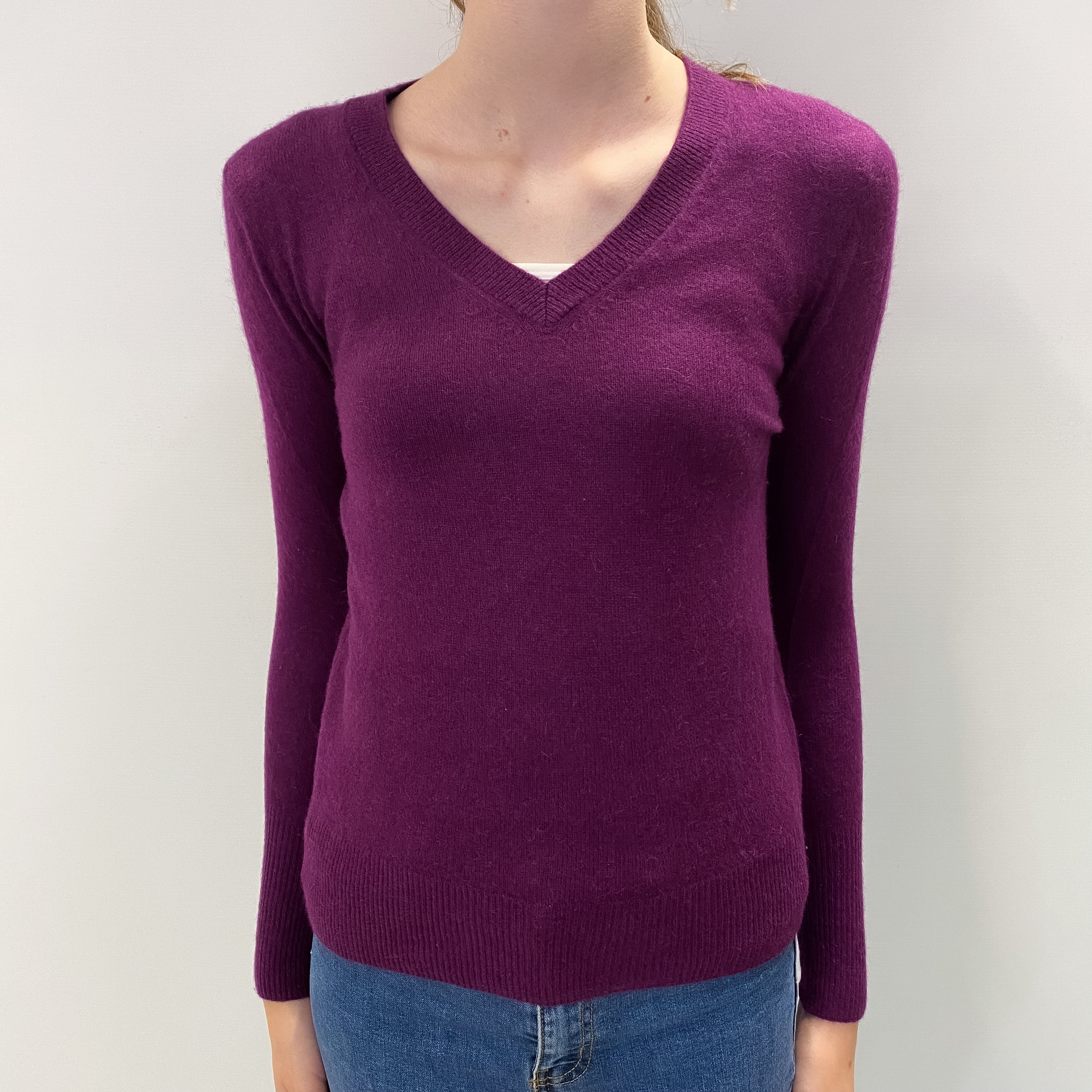Plum Purple Cashmere V Neck Jumper 2XS