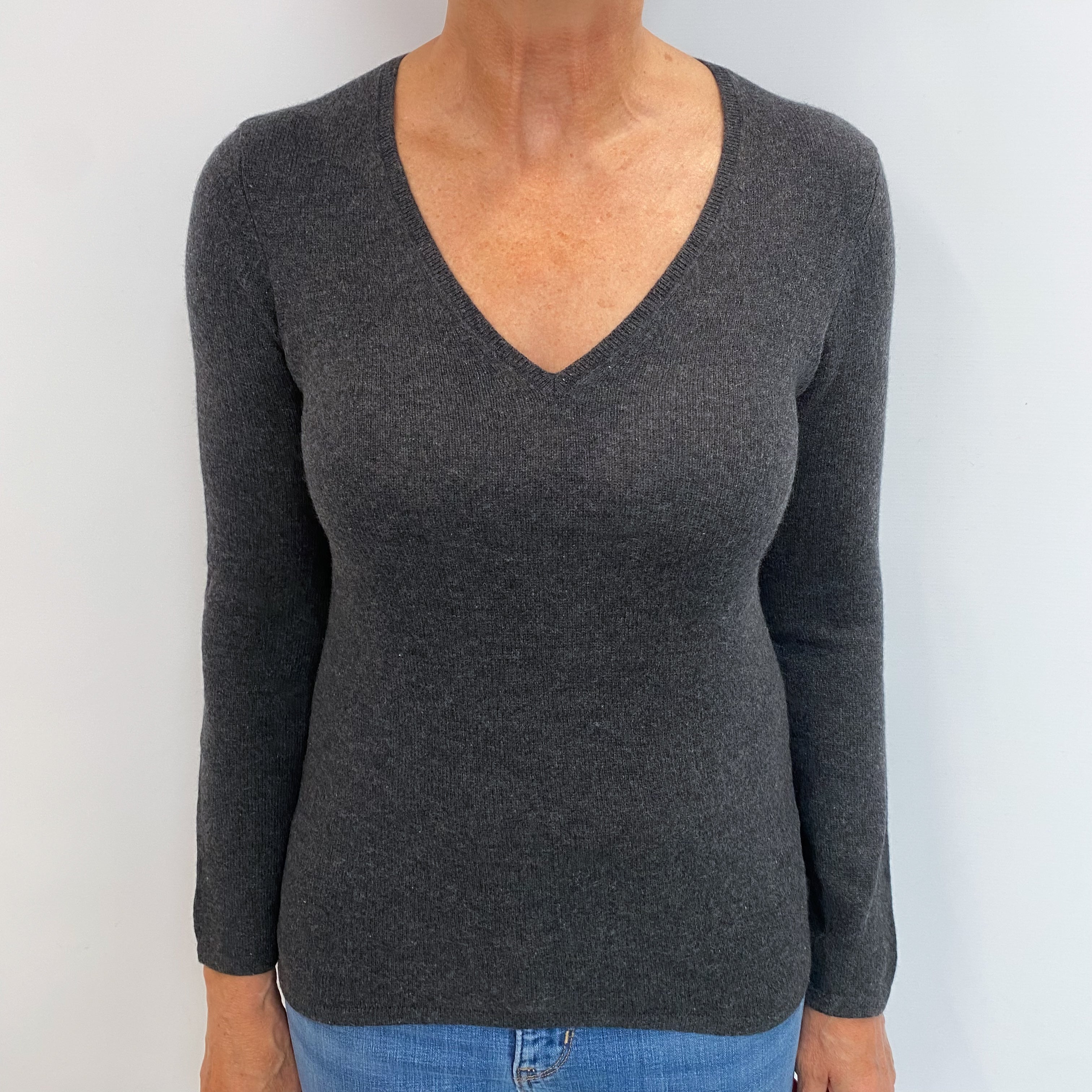 Charcoal Grey Cashmere V Neck Jumper Medium