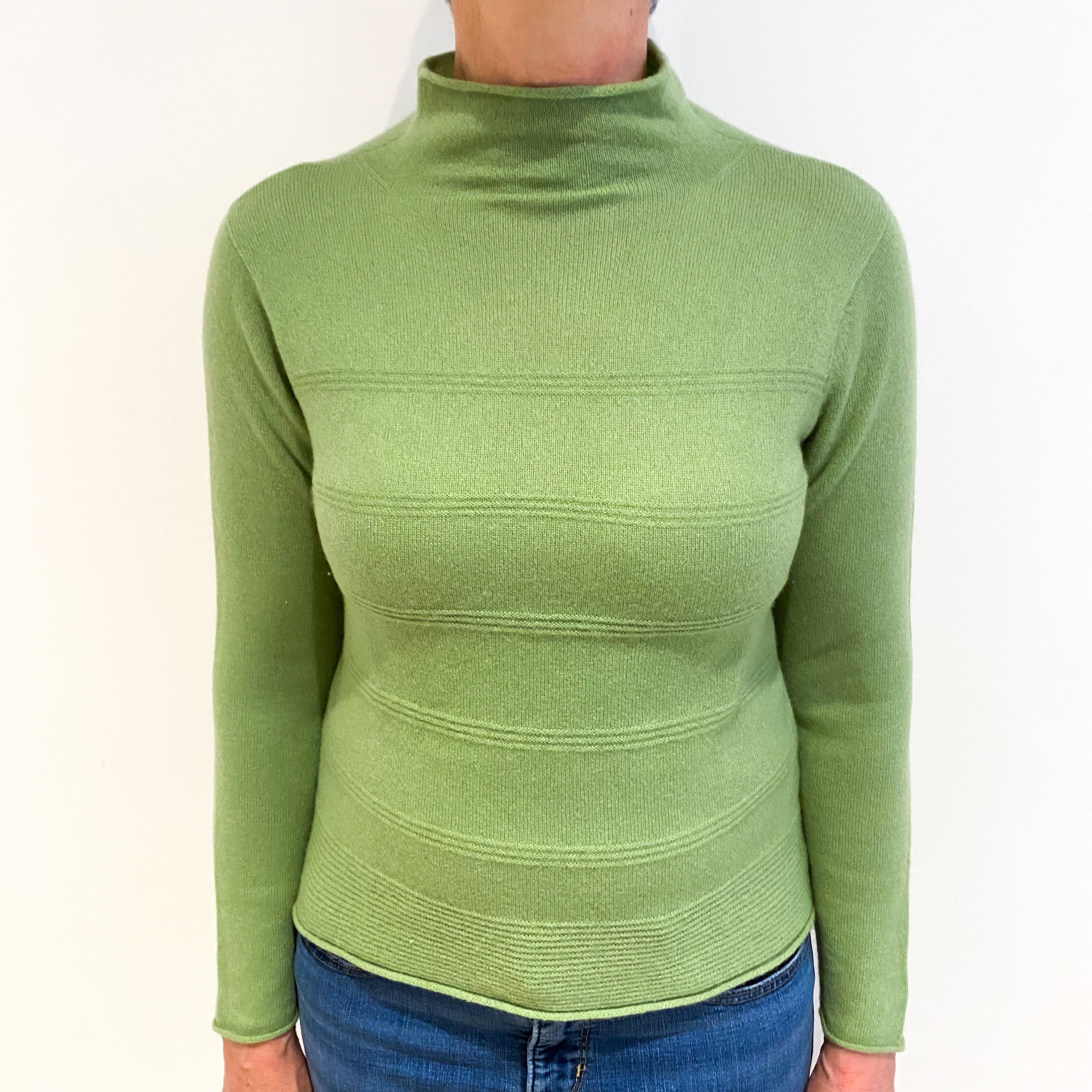 Pear Green Cashmere Funnel Neck Ribbed Stripe Jumper Medium