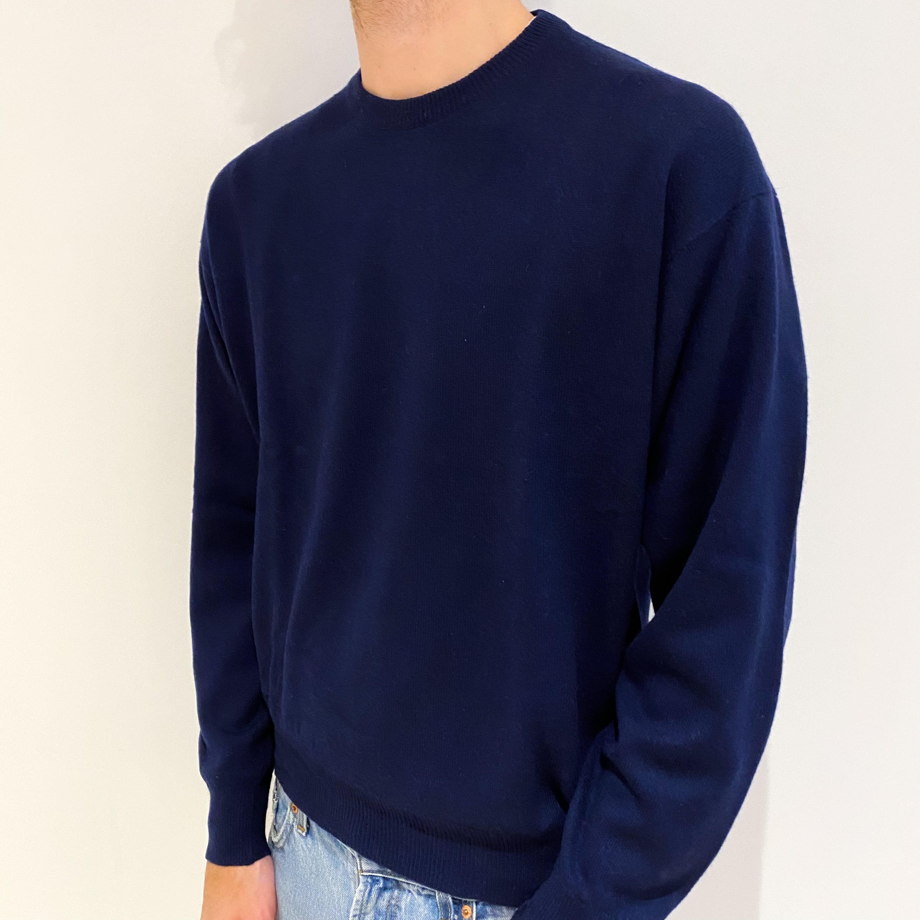 Men's French Navy Blue Cashmere Crew Neck Jumper Large