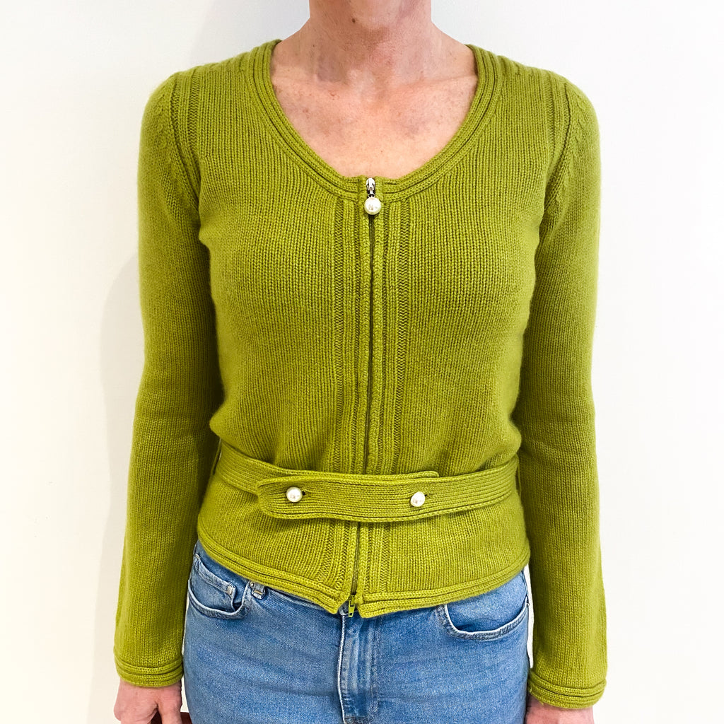 Pear Green Cashmere Scoop Neck Zip Up Cardigan Small