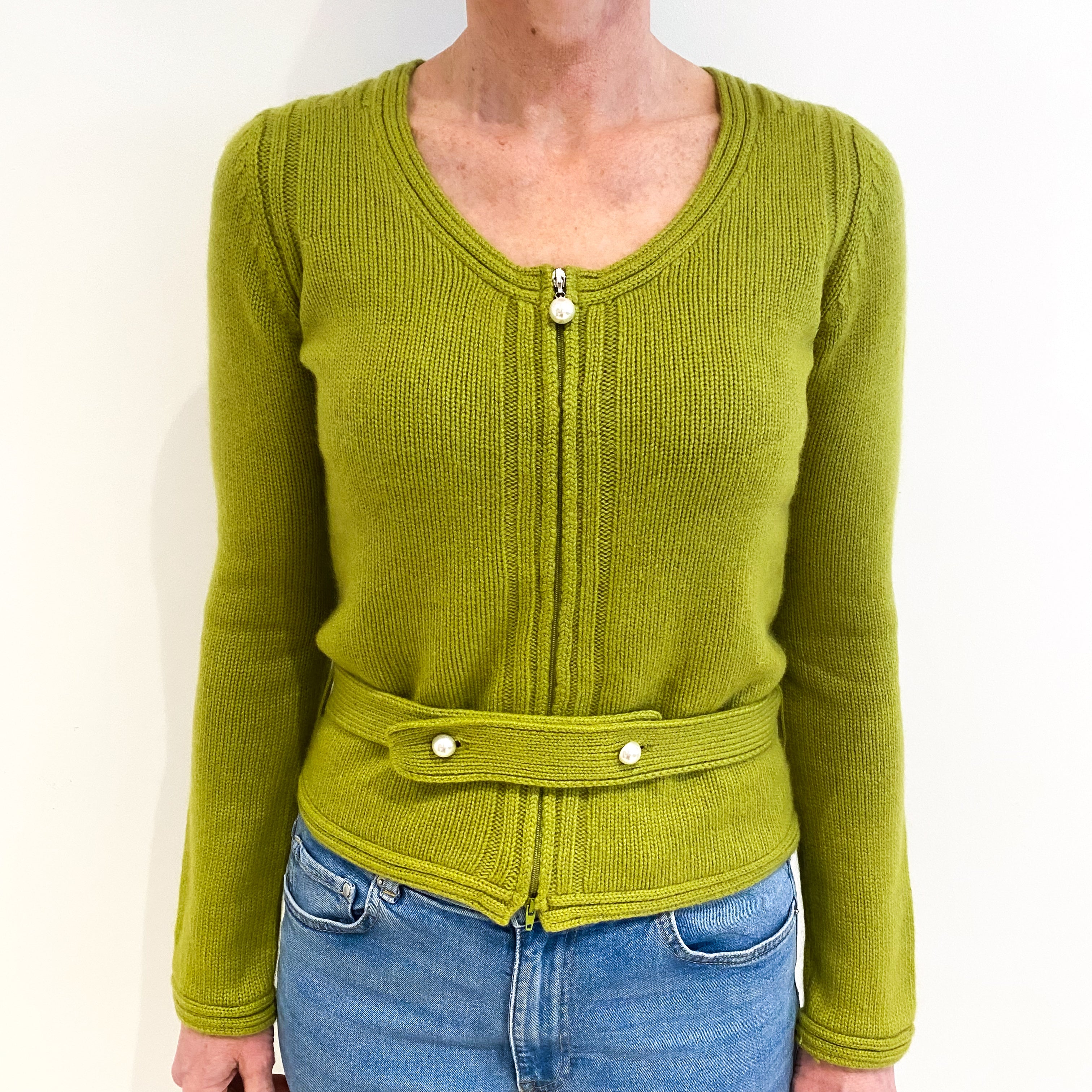 Pear Green Cashmere Scoop Neck Zip Up Cardigan Small