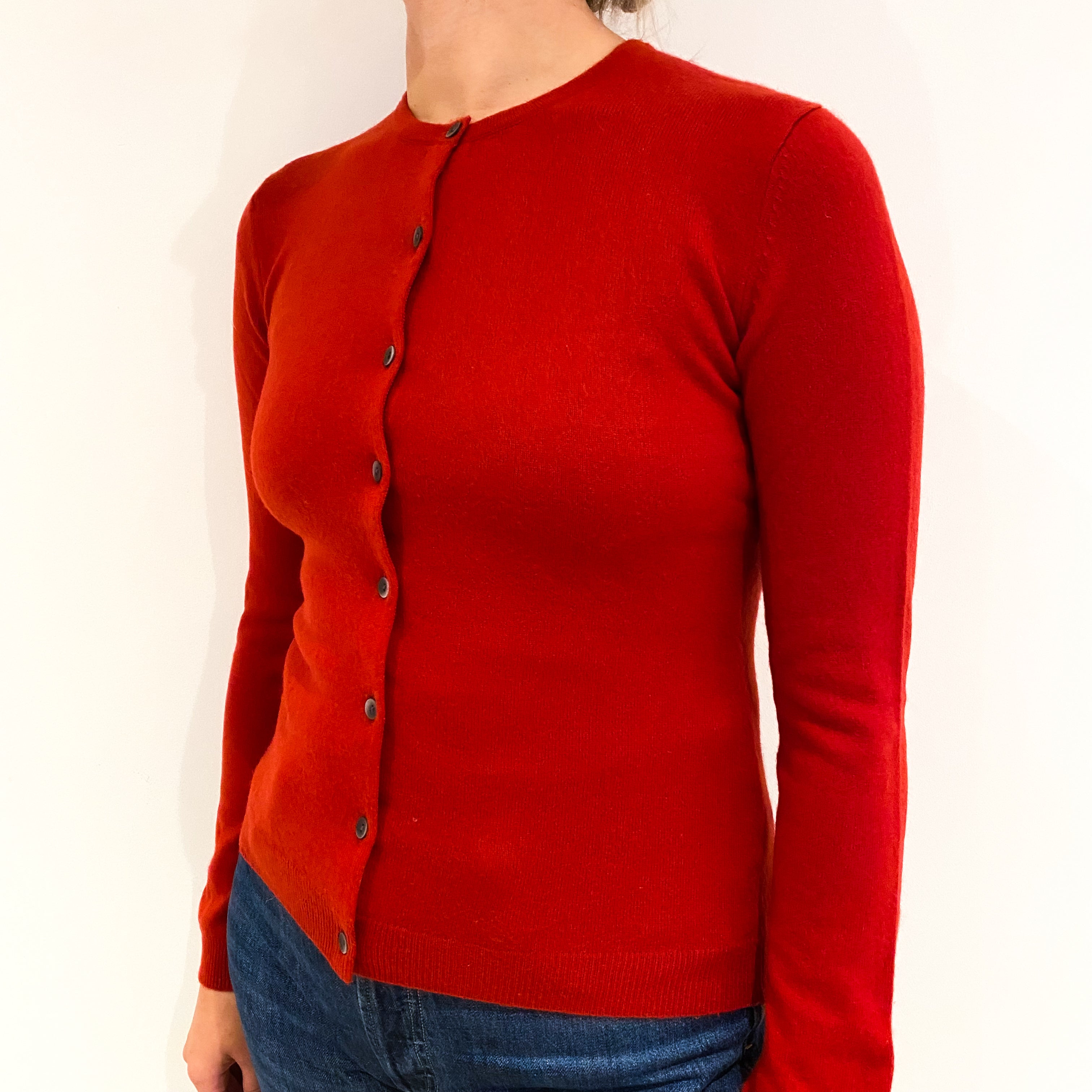 Post Box Red Cashmere Crew Neck Cardigan Small