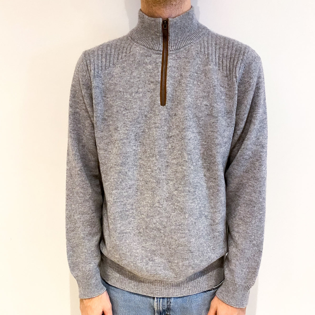 Men's Ash Grey Cashmere 3/4 Zip Up V Neck Jumper Large