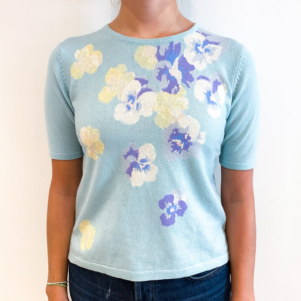 Aqua Blue Floral Cashmere Short Sleeve Crew Neck Jumper Small