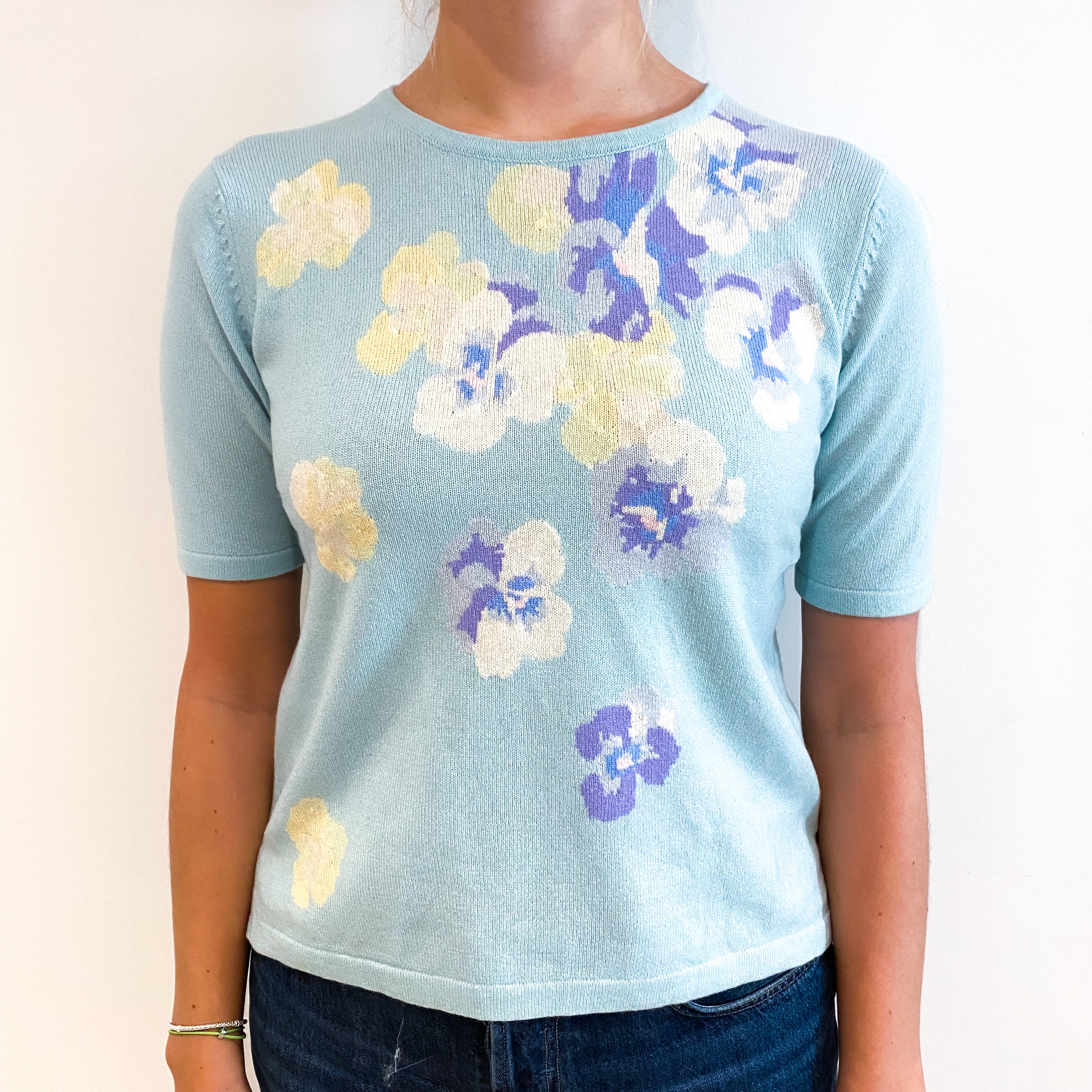 Aqua Blue Floral Cashmere Short Sleeve Crew Neck Jumper Small