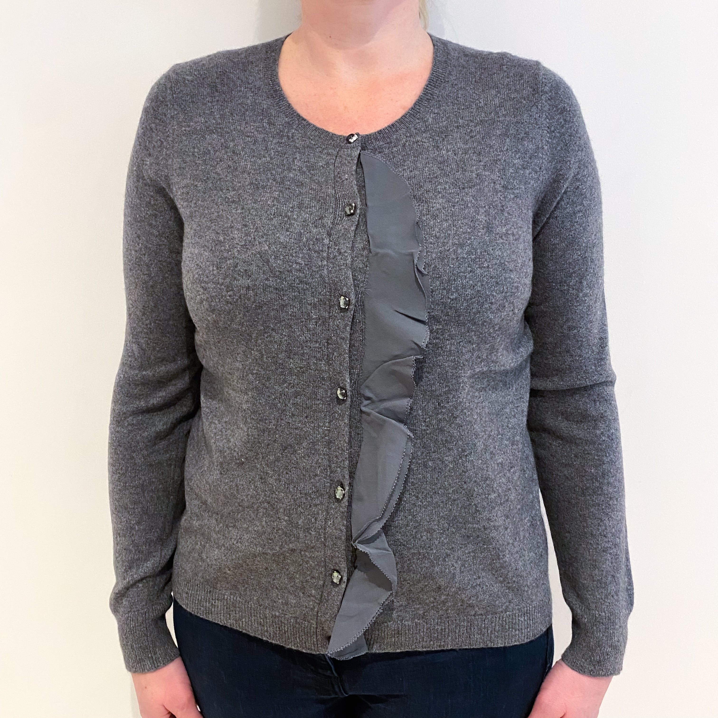 Slate Grey Chiffon Trim Cashmere Crew Neck Cardigan Large