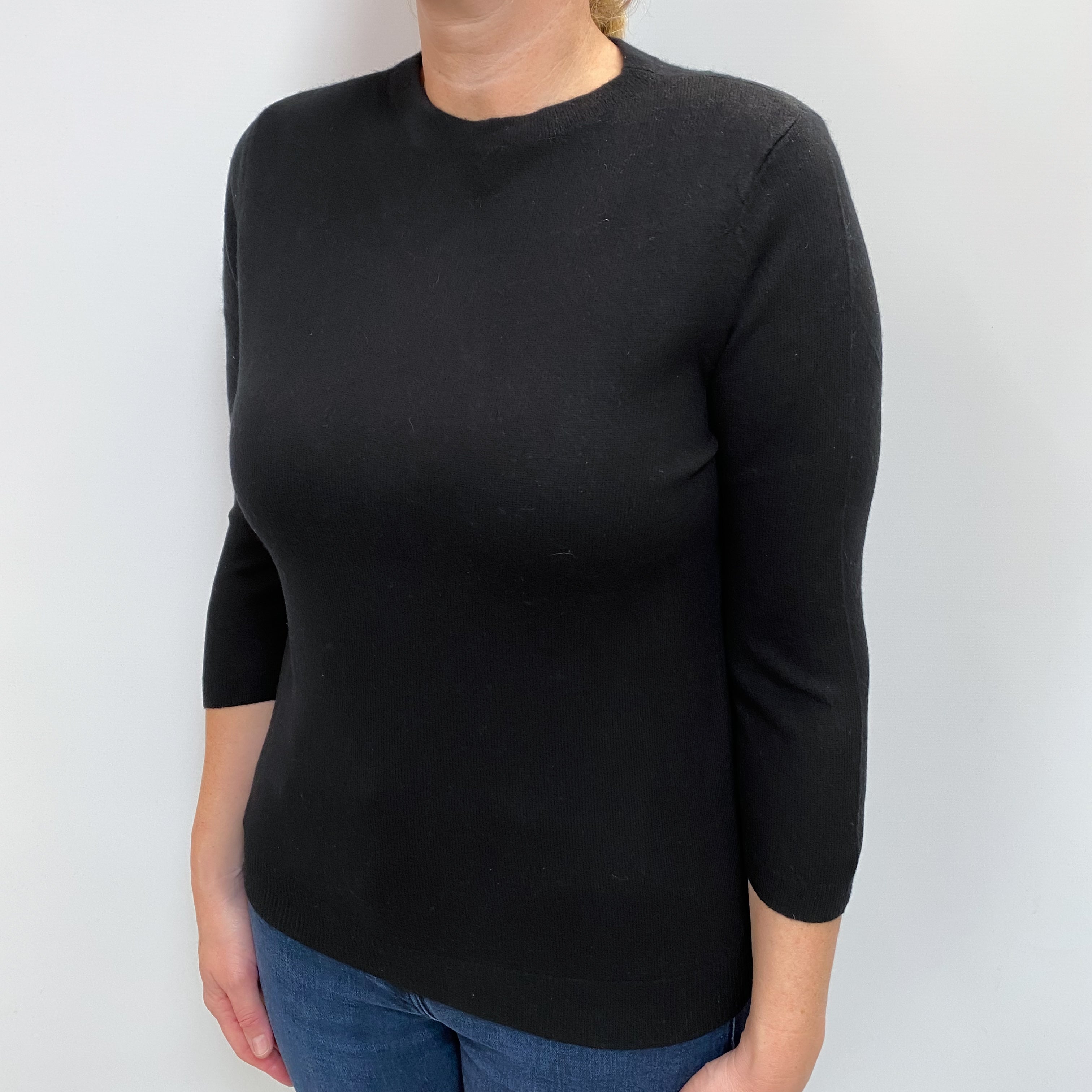 Black Cashmere 3/4 Sleeve Crew Neck Jumper Large