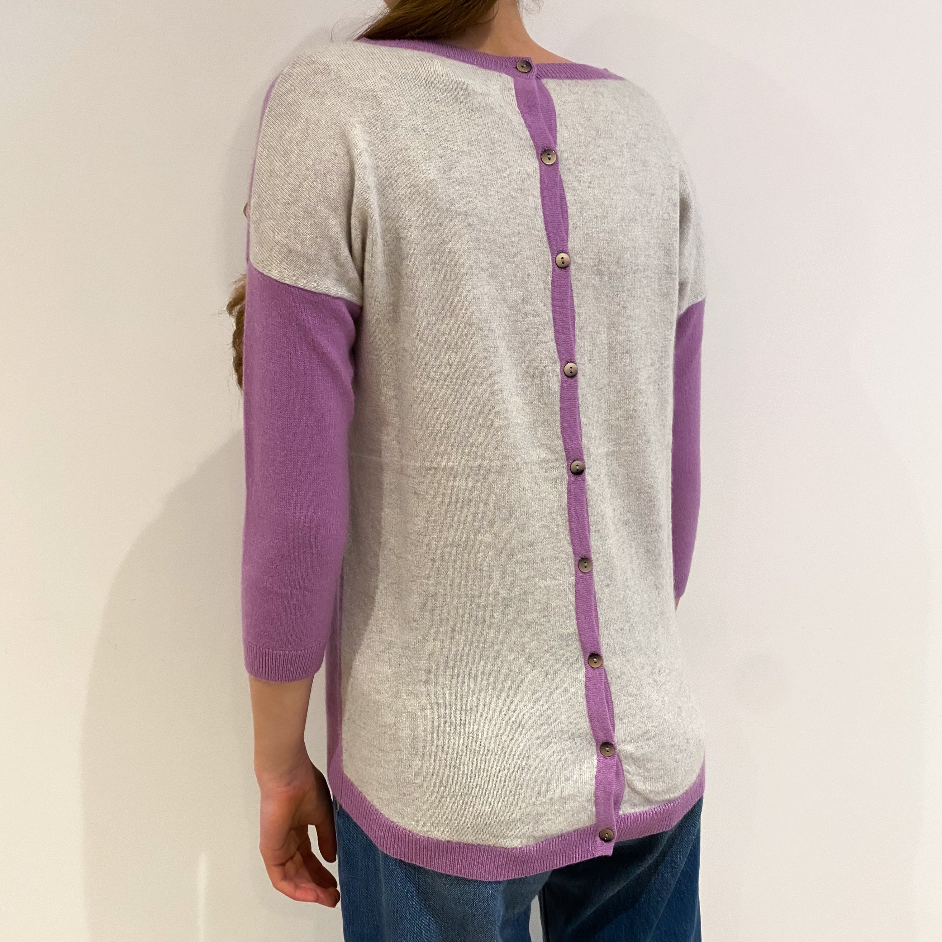 Purple and Grey Button Back Cashmere Crew Neck Jumper Extra Small