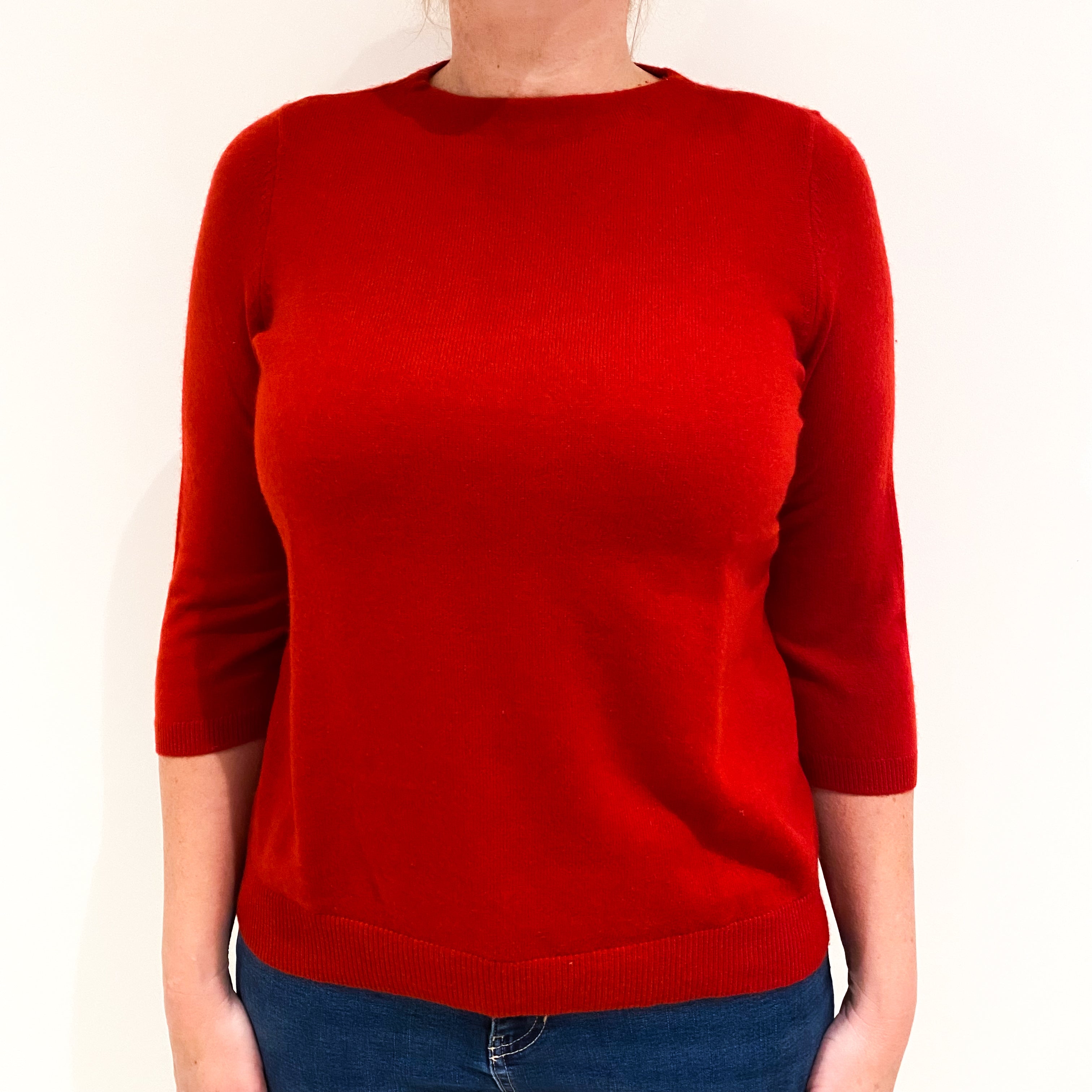 Post Box Red 3/4 Sleeve Cashmere Crew Neck Jumper Large