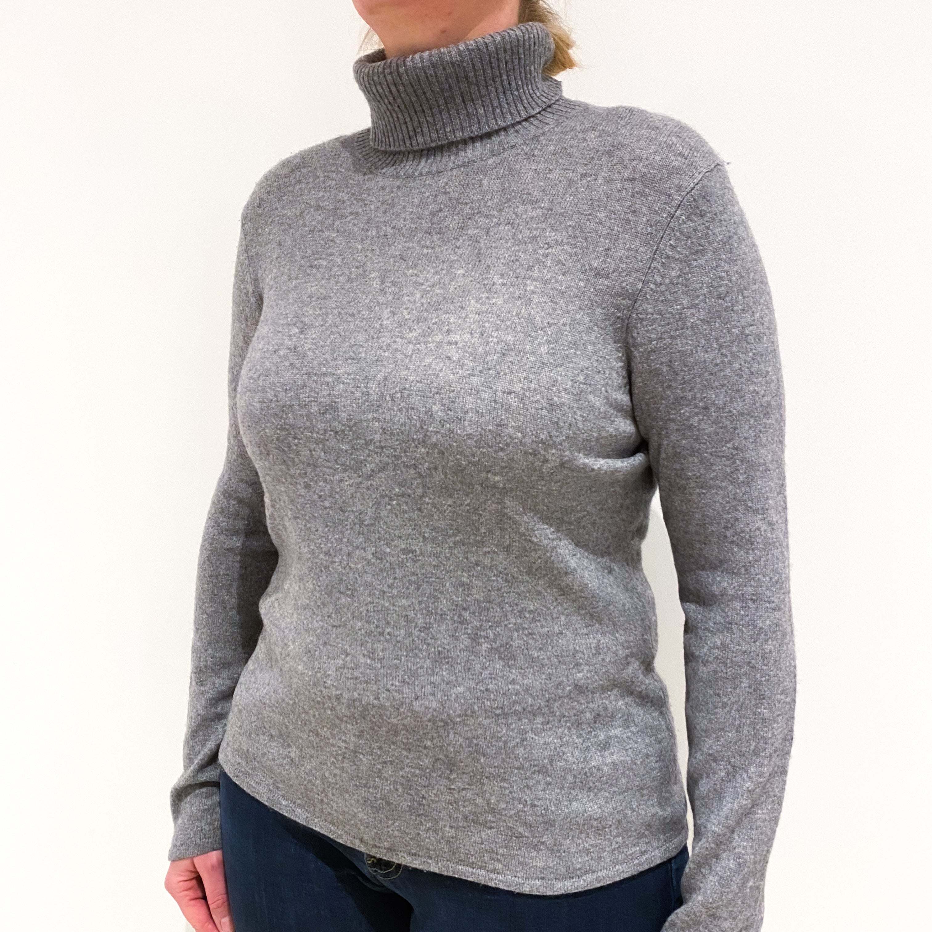 Ash Grey Light Weight  Cashmere Polo Neck Jumper Large