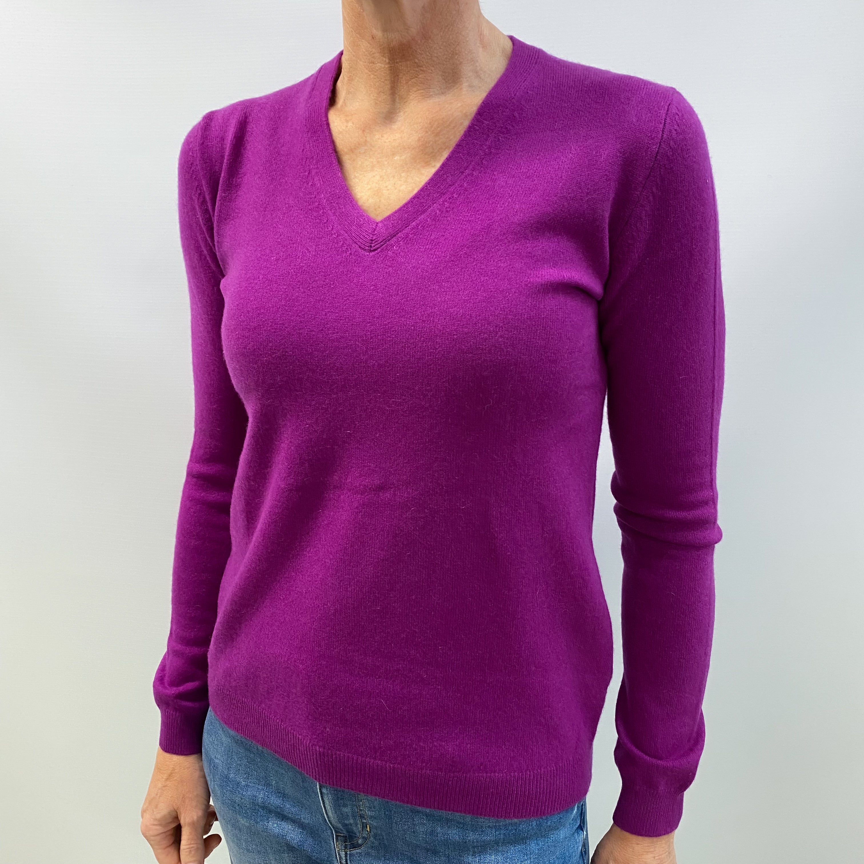 Magenta Purple Cashmere V Neck Jumper Small