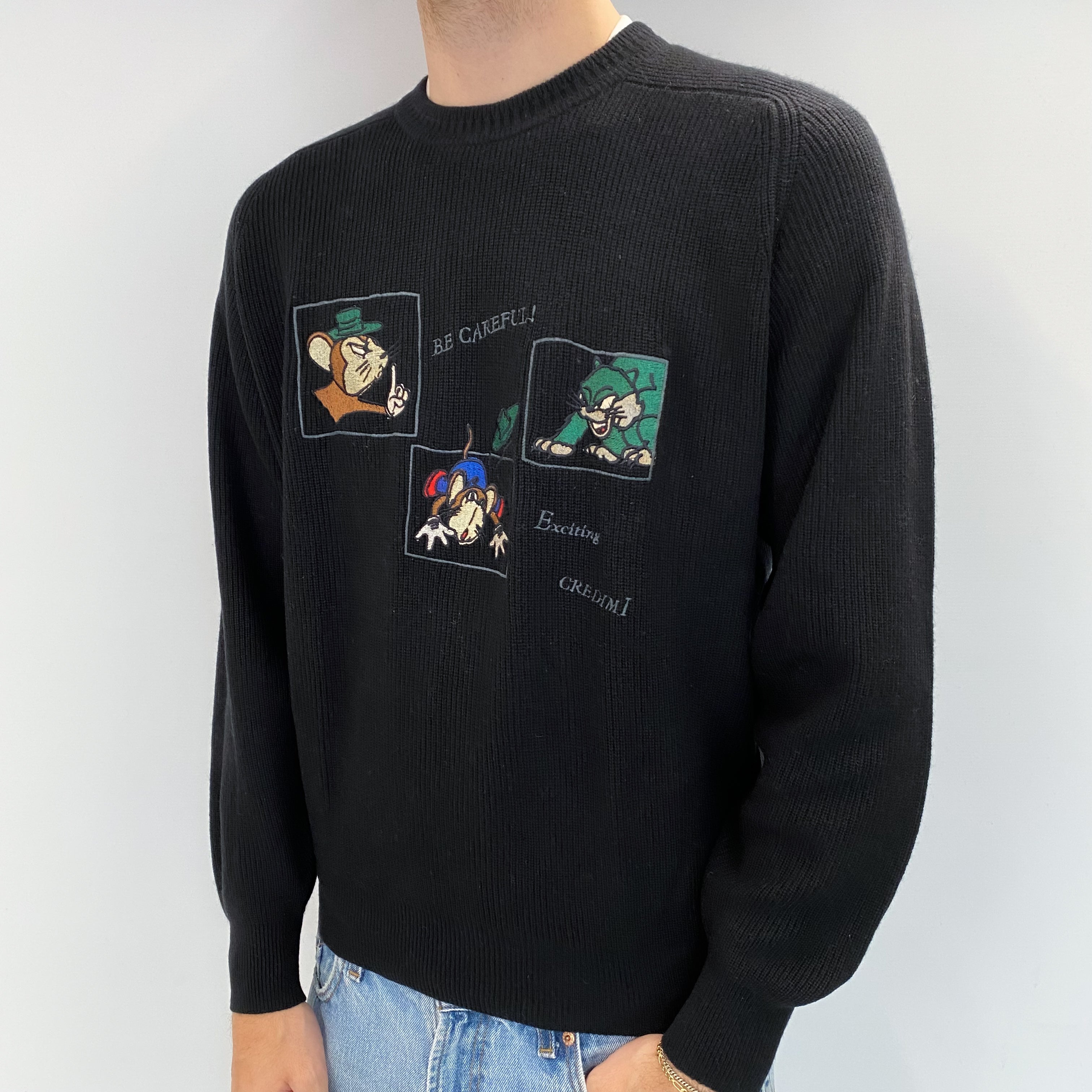 Men's Black Motif Cashmere Crew Neck Jumper Large