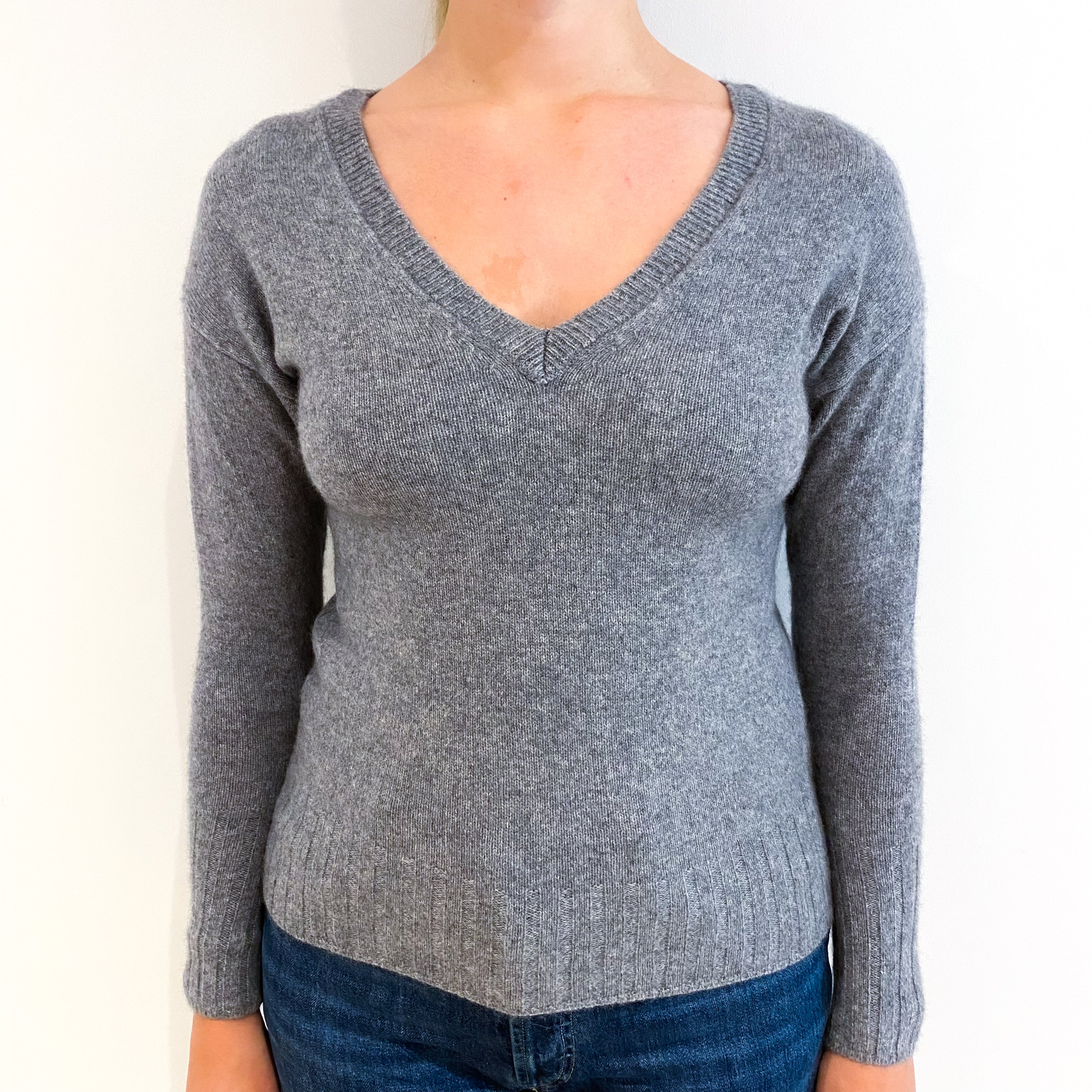 Ash Grey Cashmere V-Neck Jumper Small