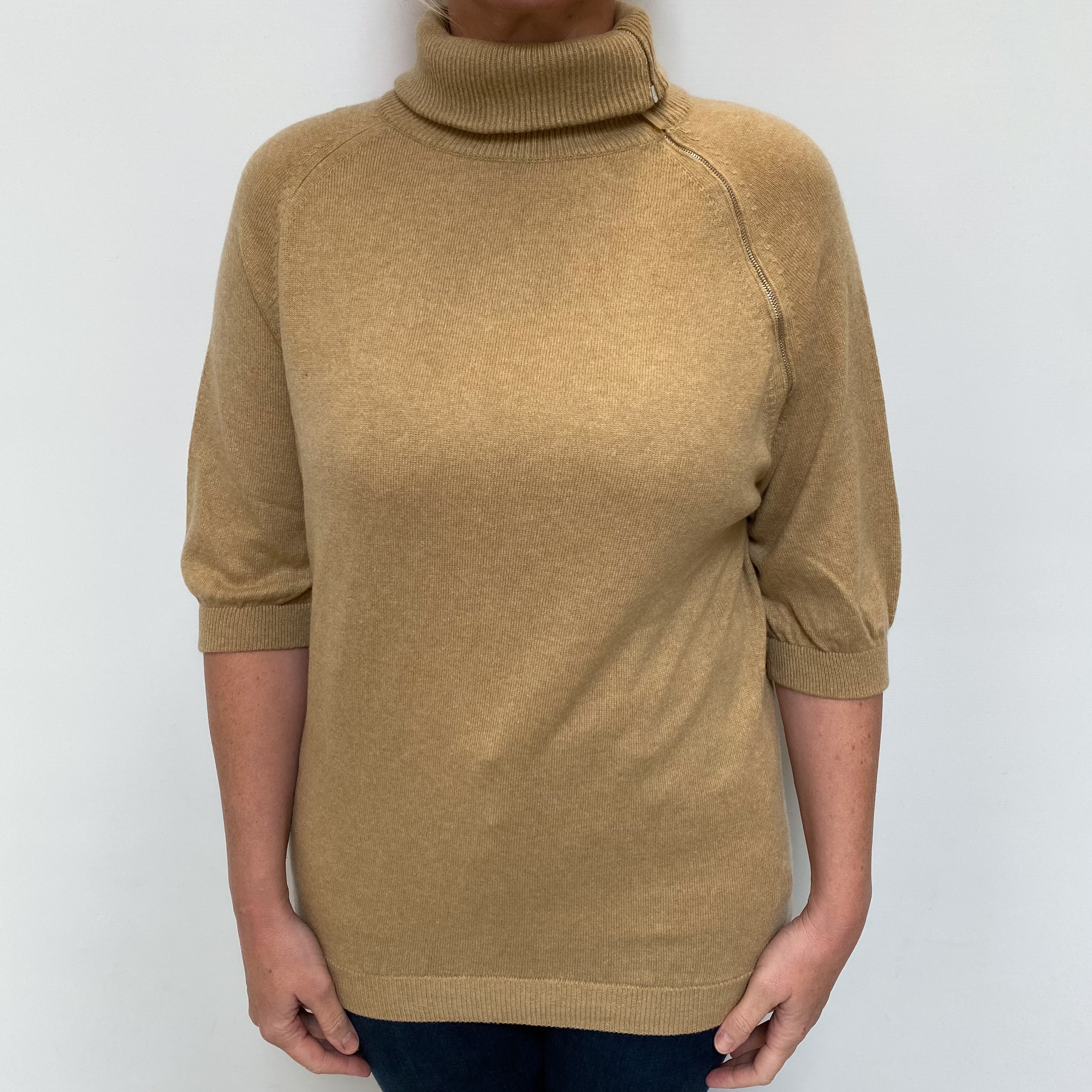 Camel Brown Cashmere Short Sleeve Split Polo Neck Jumper Large