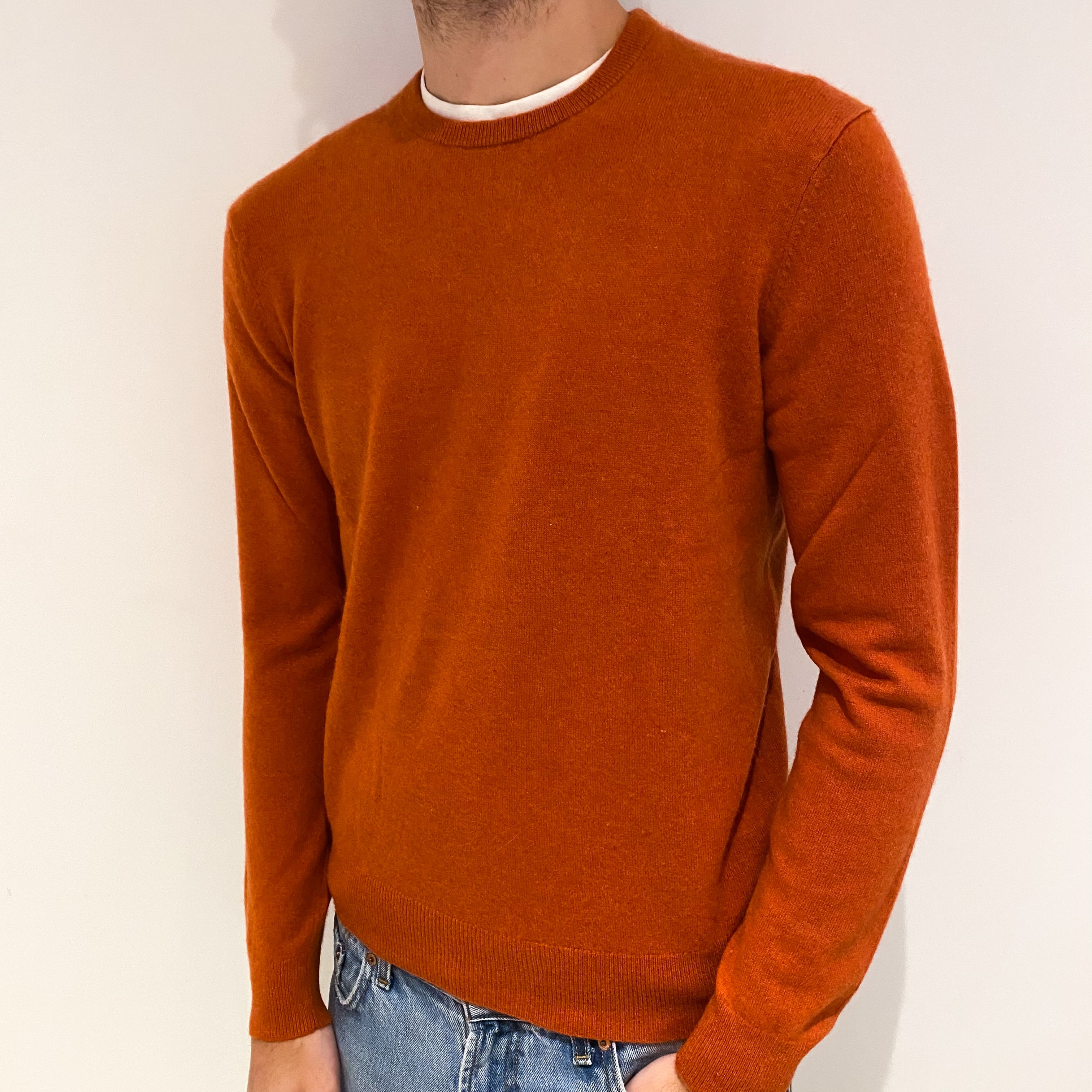 Men's Rust Orange Cashmere Crew Neck Jumper Large