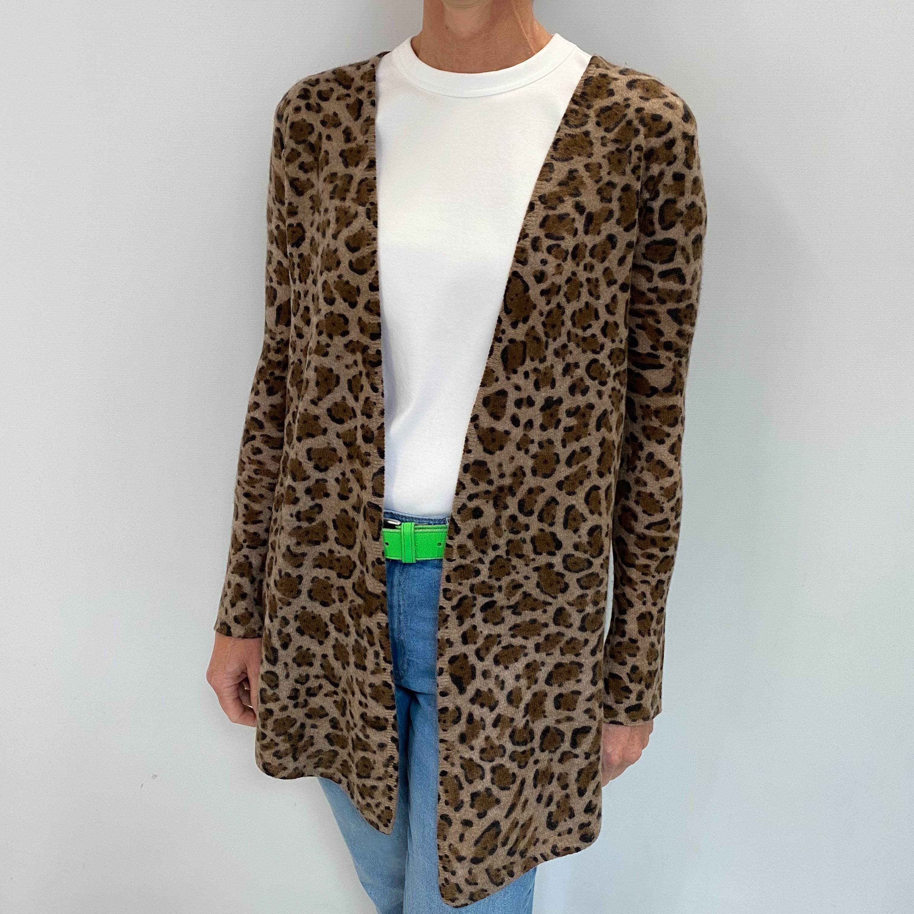 Brown Animal Print Cashmere Edge To Edge Cardigan Small