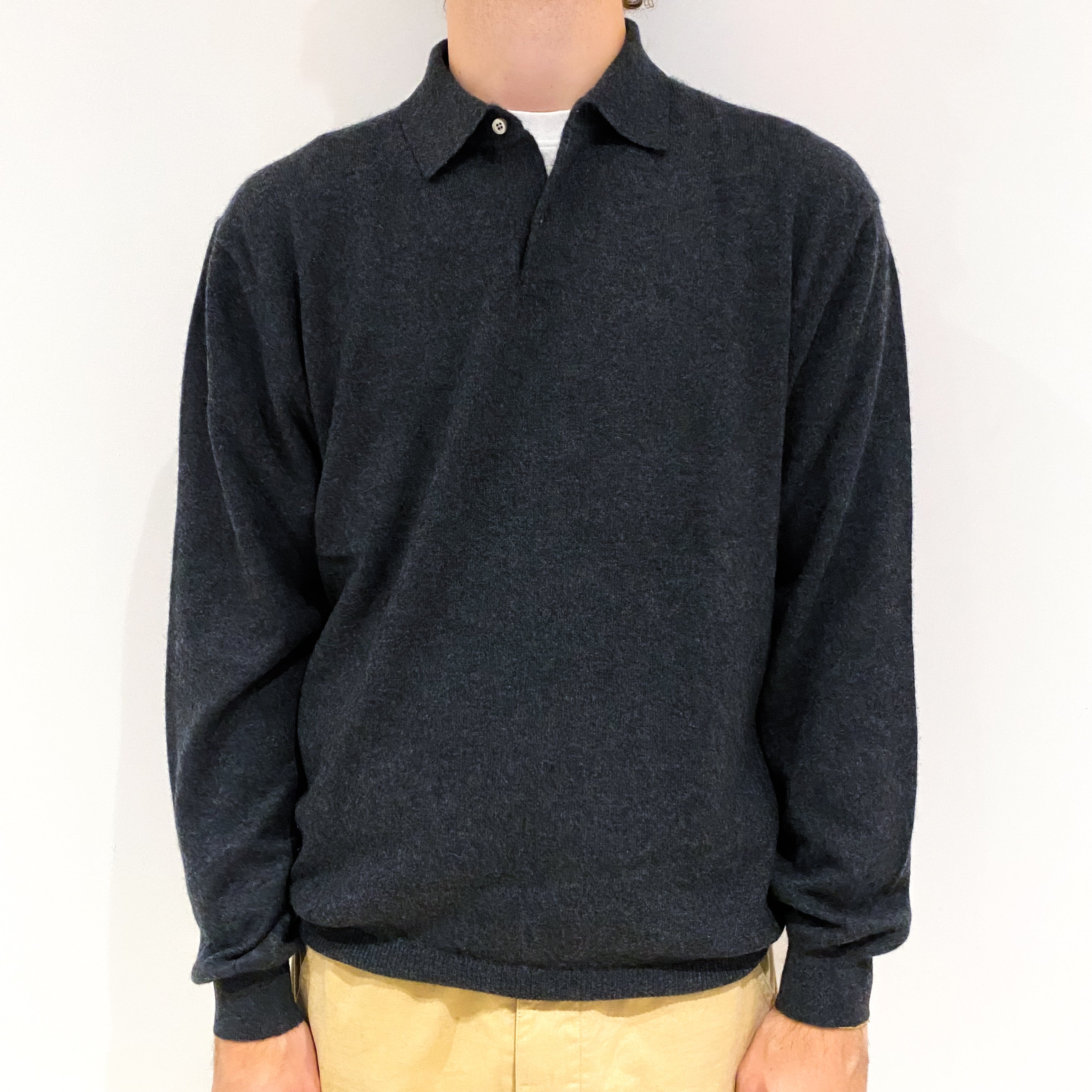 Men's Charcoal Grey Cashmere Collared 1/4 Button Jumper Large