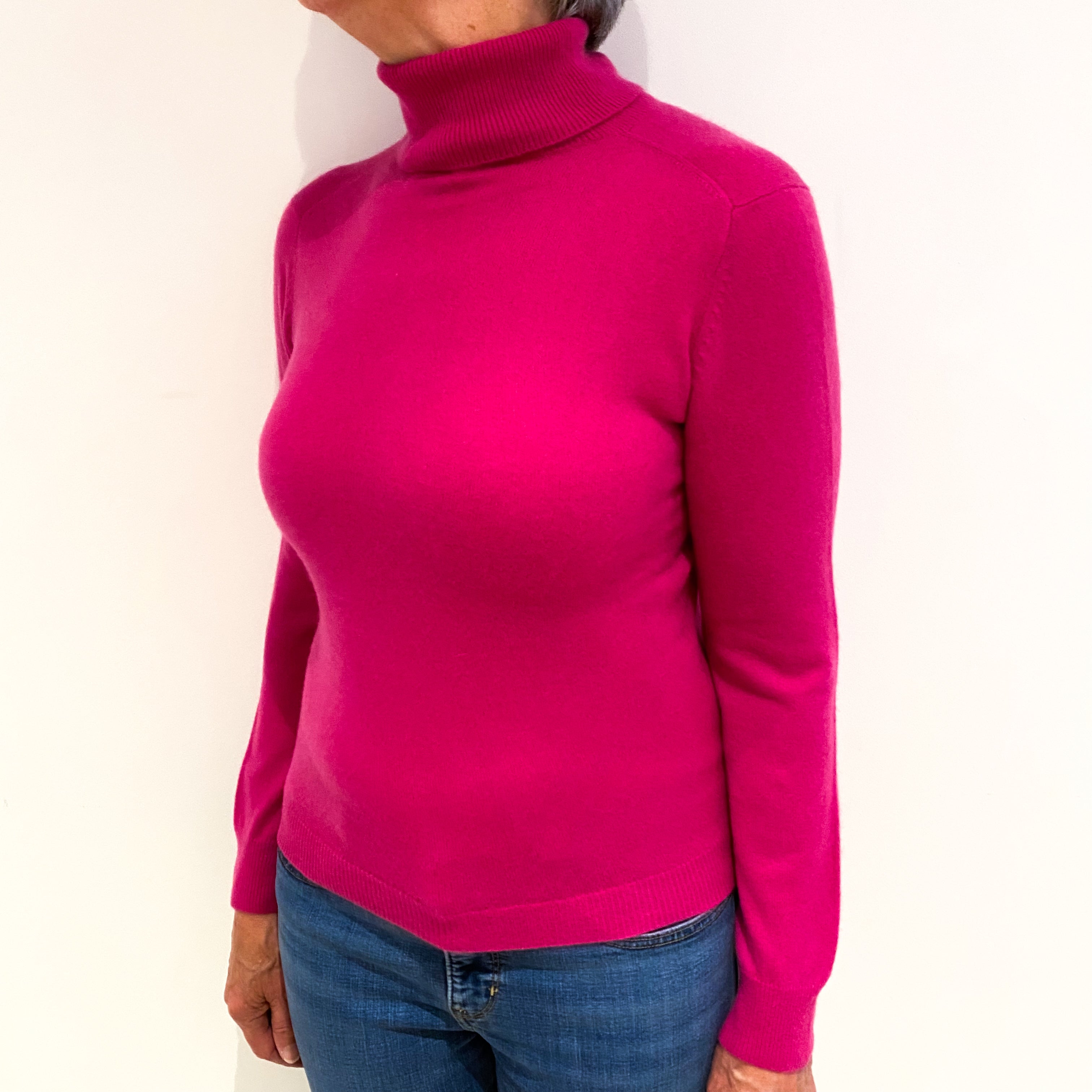 Fuchsia Pink Cashmere Polo Neck Jumper Medium