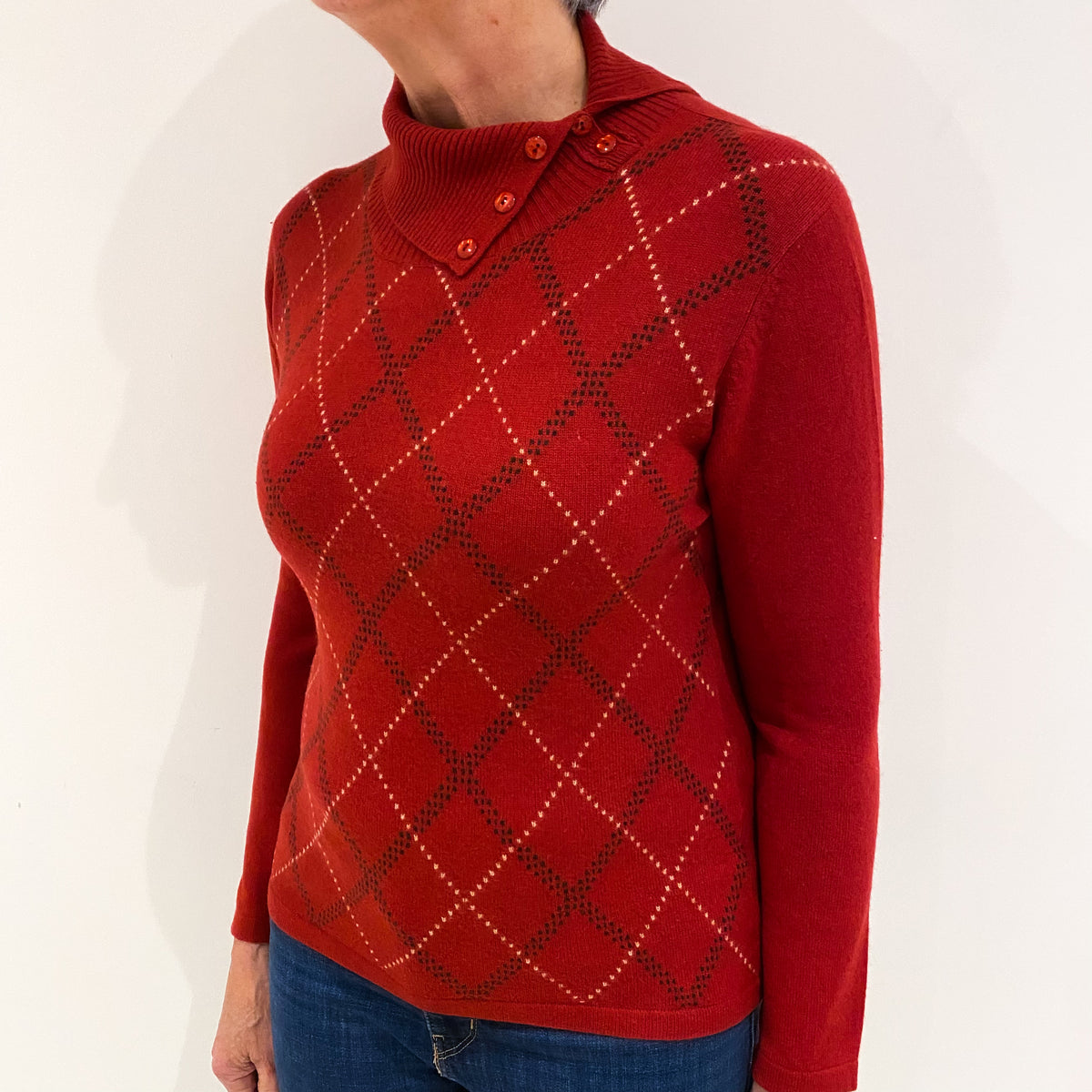 Paprika Red Cashmere Buttoned Polo Neck Jumper Medium
