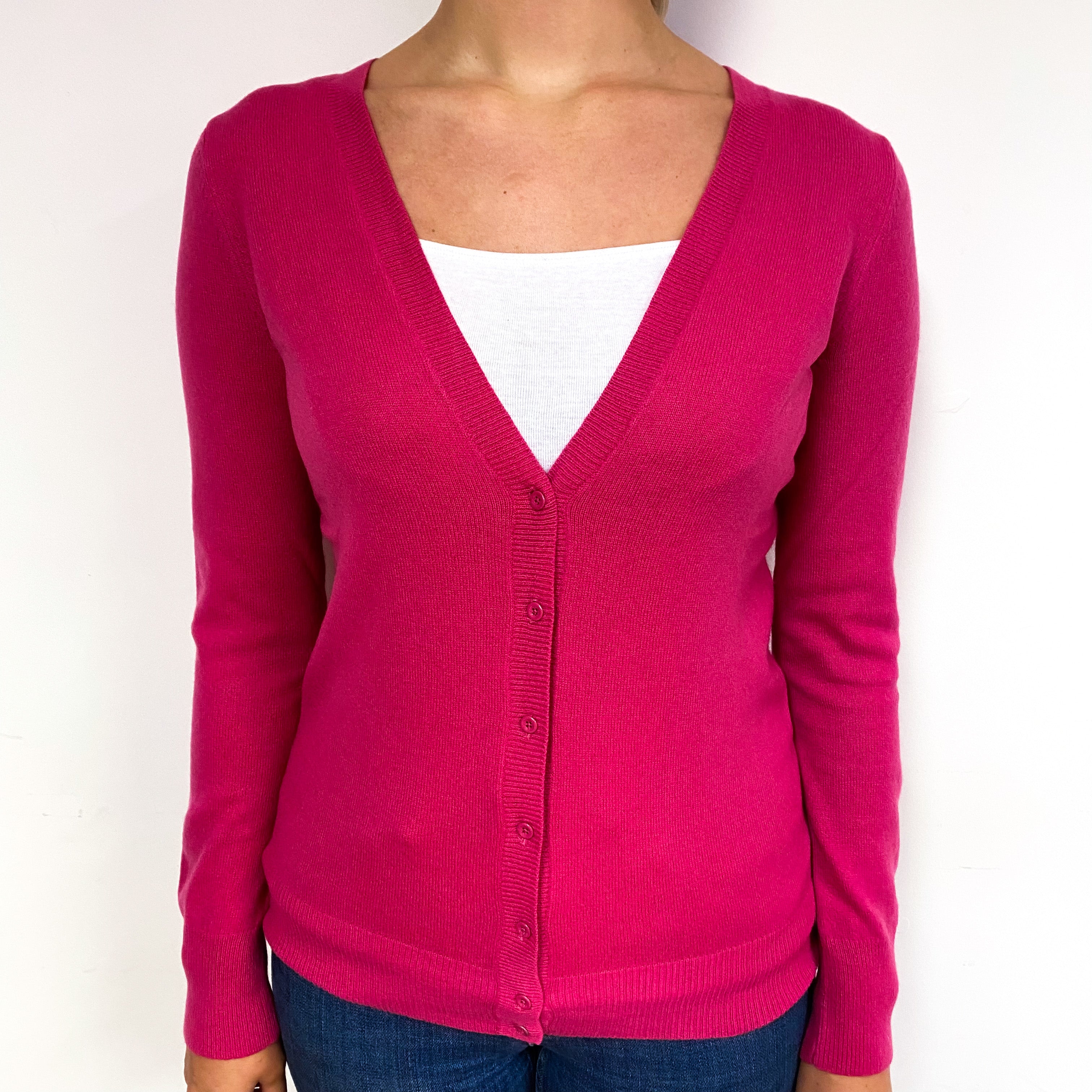 Fuchsia Pink Elbow Patch Cashmere V-Neck Cardigan Small
