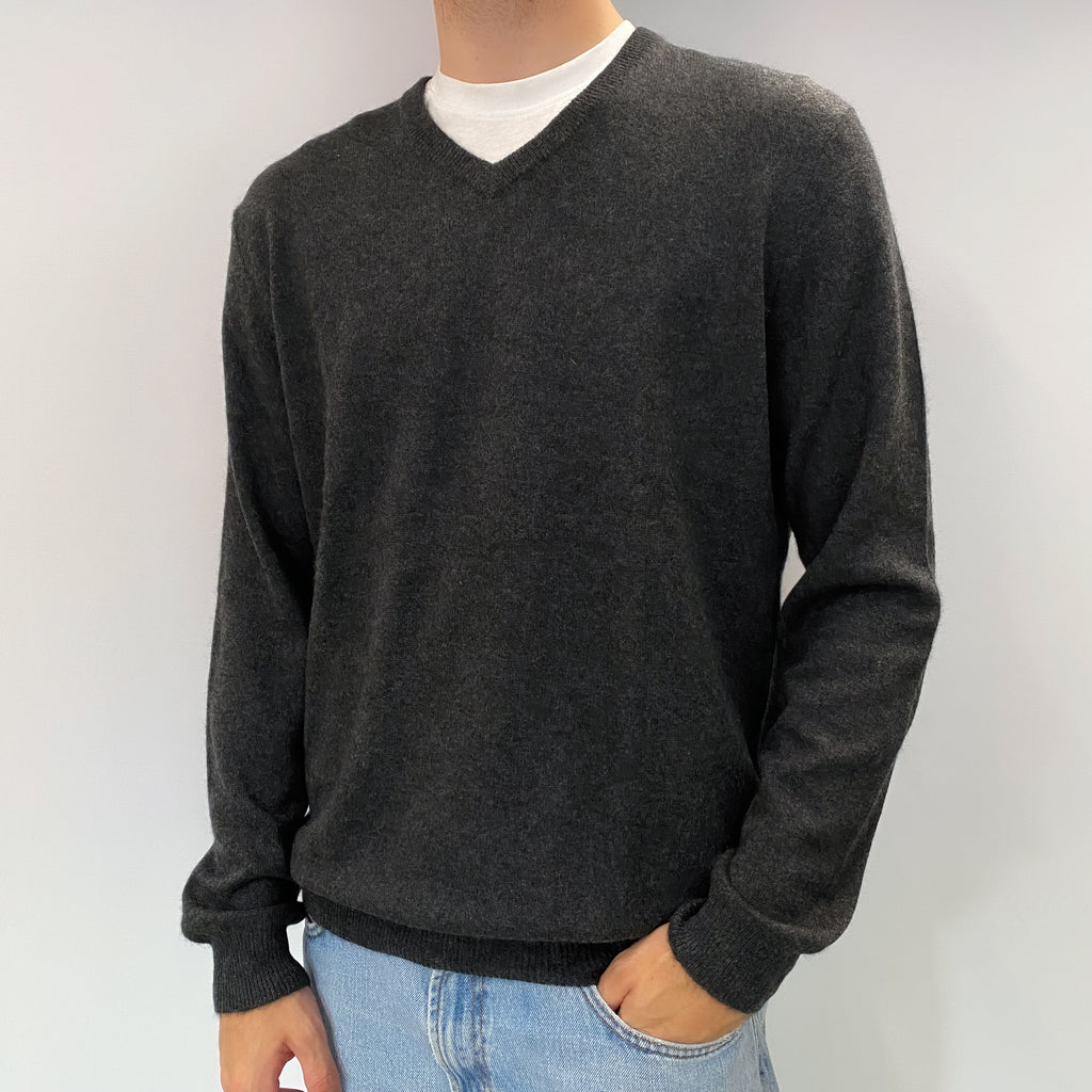 Men's Charcoal Grey Cashmere V Neck Jumper Large