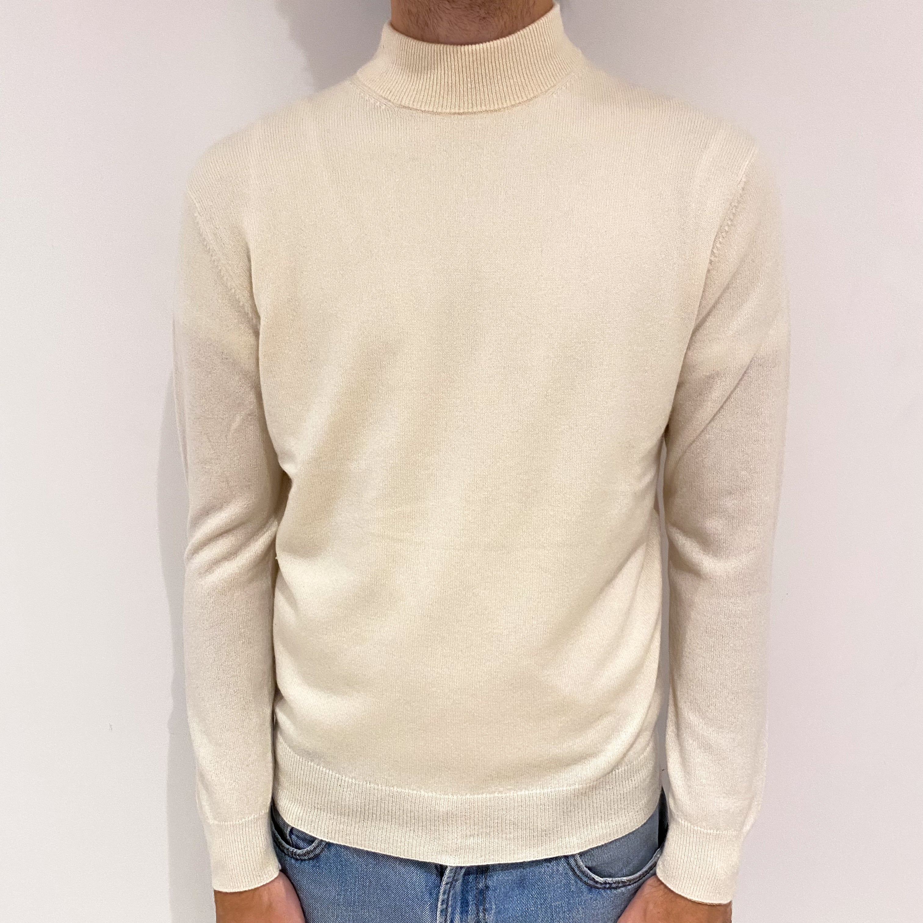 Men's Cream Cashmere Turtle Neck Jumper Large