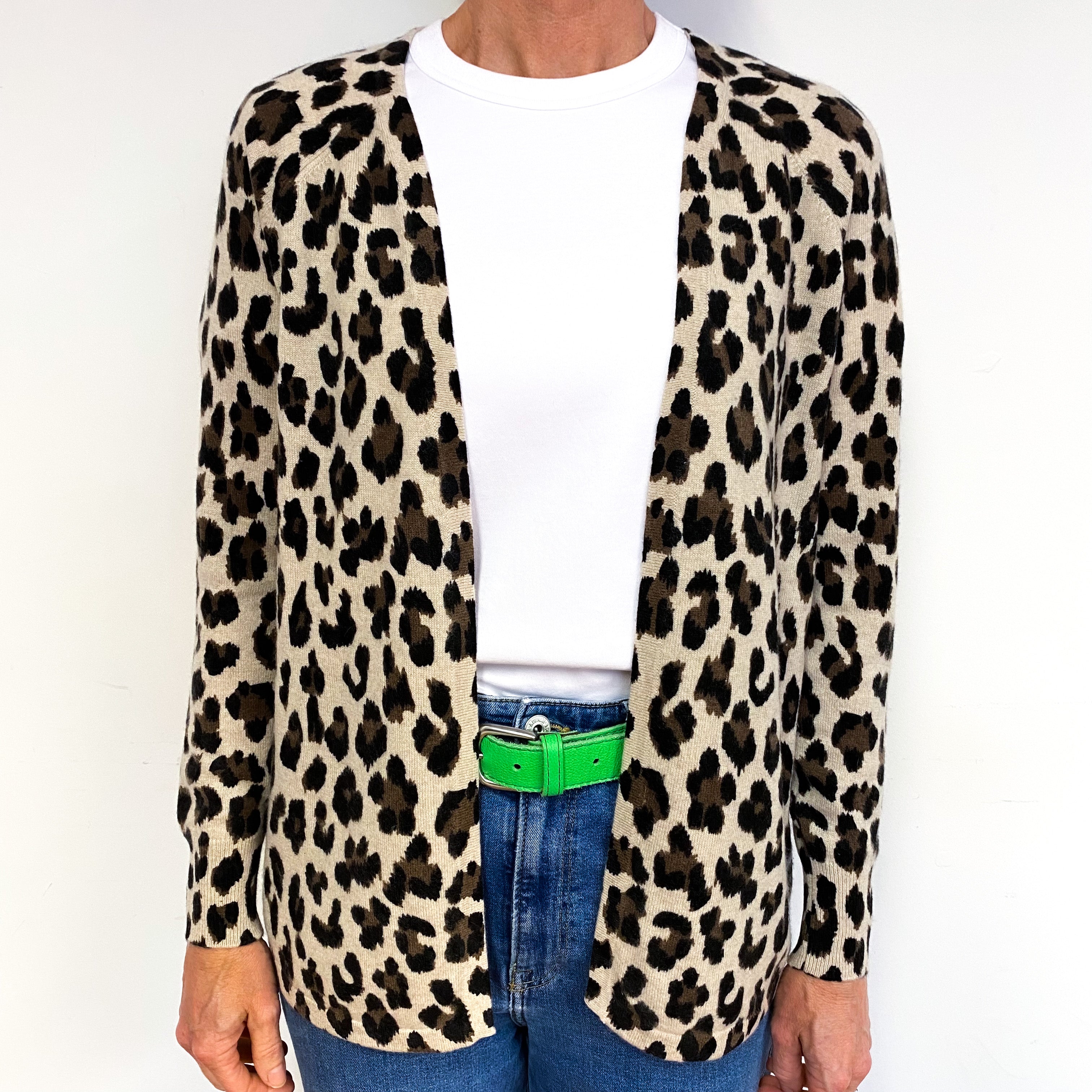 Brown Leopard Print Cashmere Edge to Edge Cardigan Medium