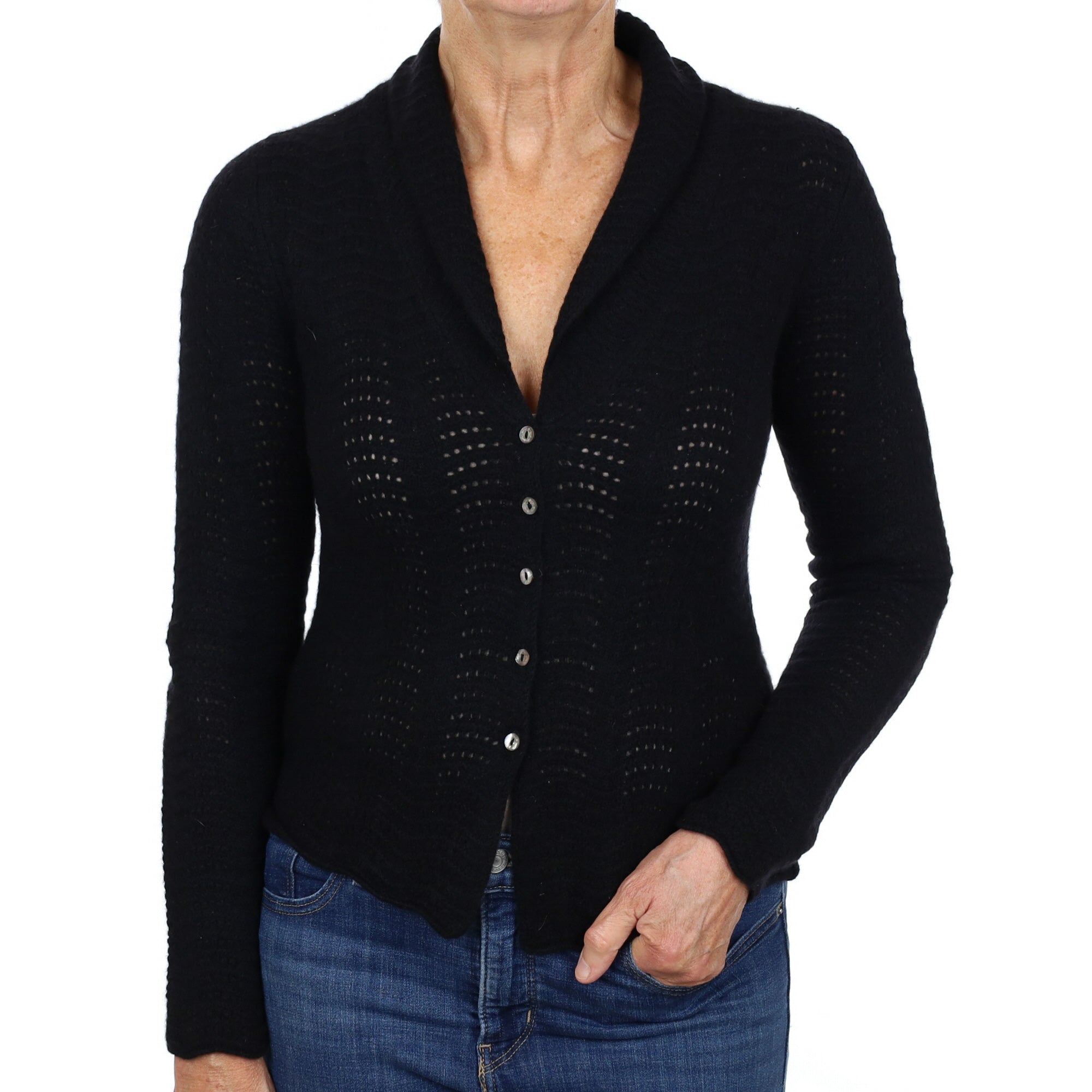 Black Cashmere Shawl Neck Cardigan Medium
