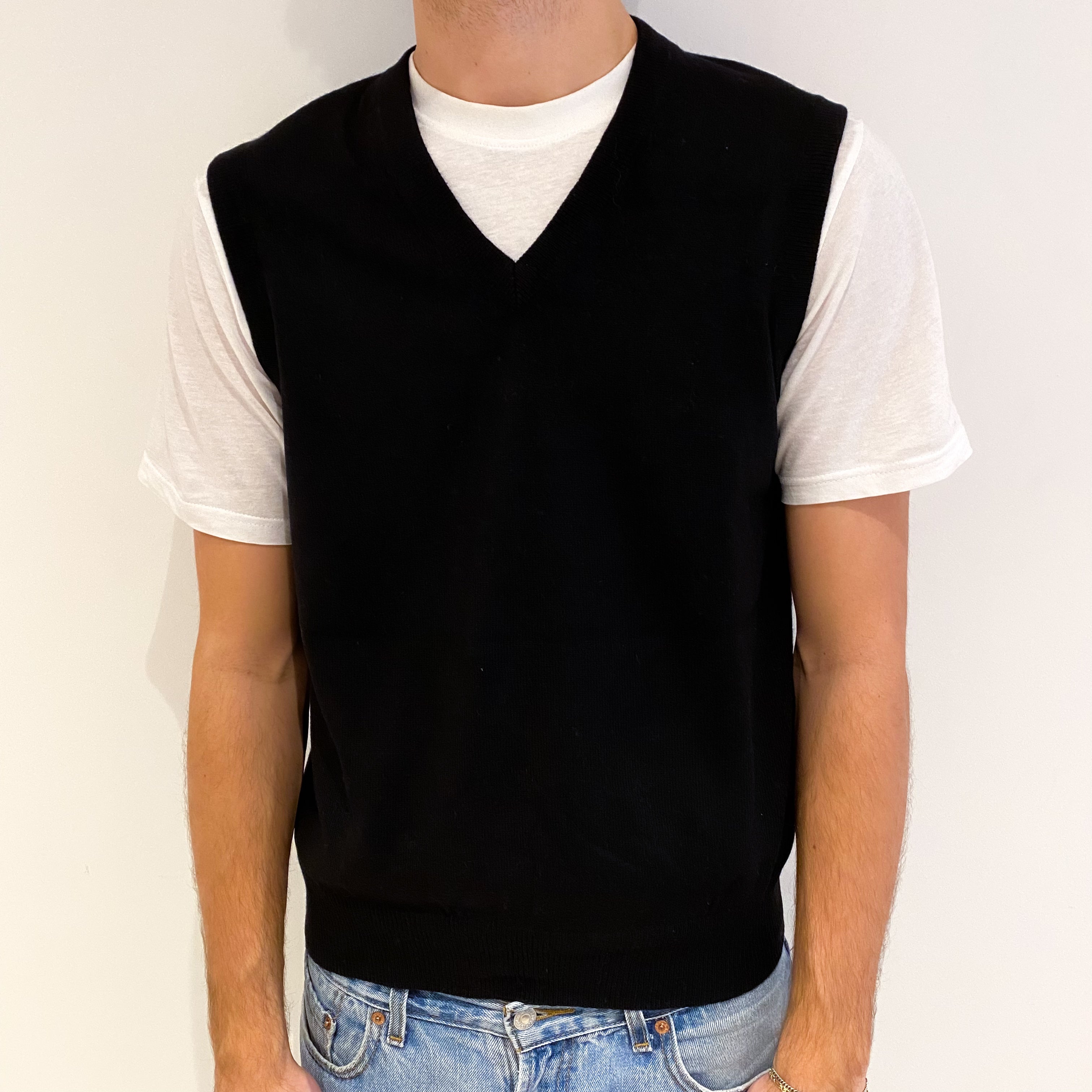 Men's Black Cashmere V Neck Tank Top Large