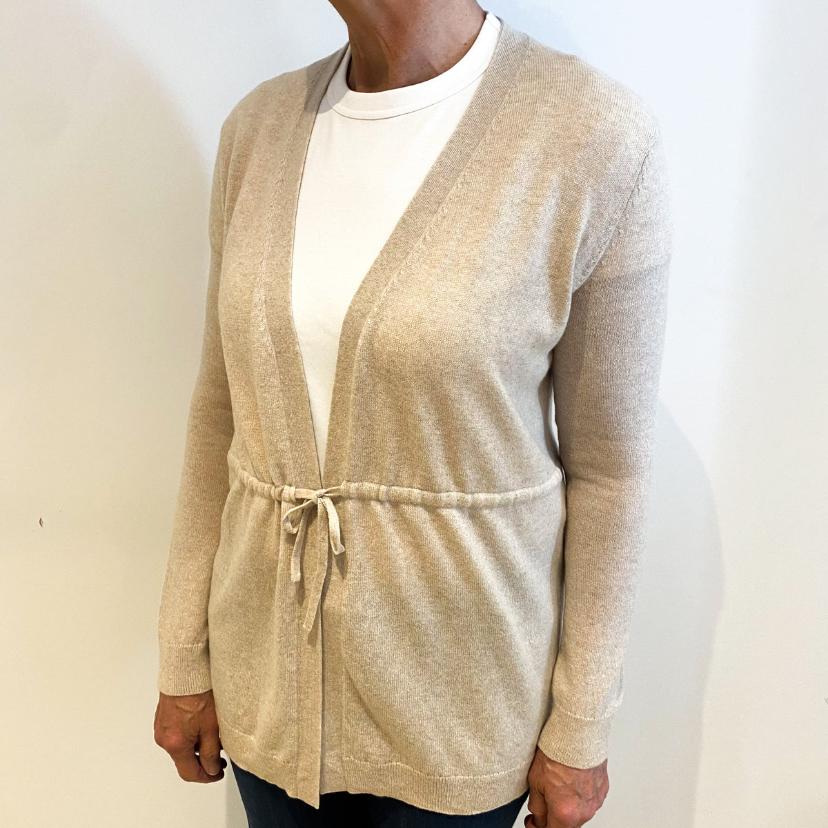 Oatmeal Beige Cashmere Belted Cardigan Medium