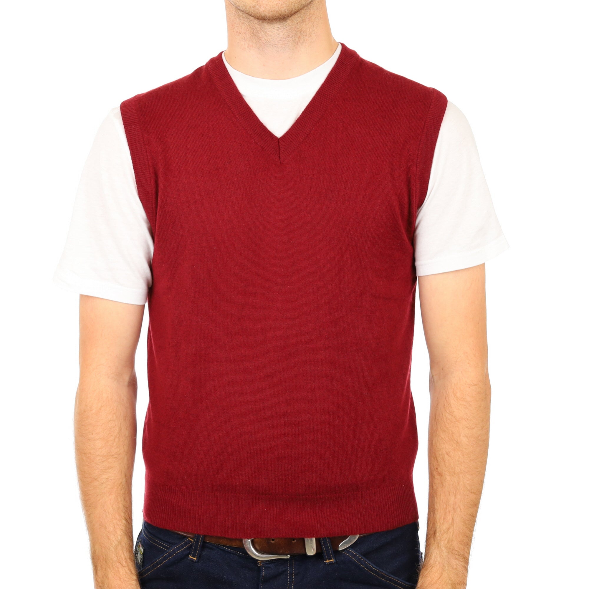 Men's Burgundy Red Cashmere V Neck Sleeveless Jumper Medium