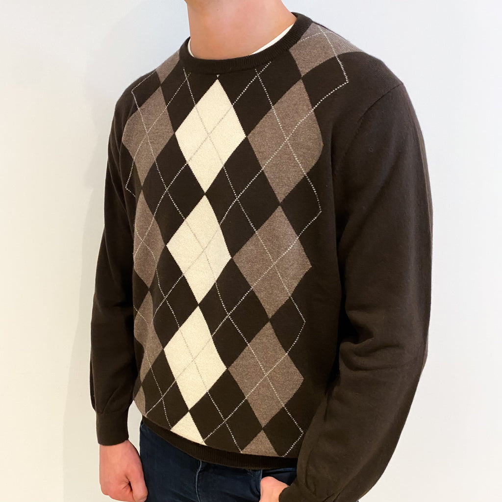 Men's Chocolate Brown Diamond Cashmere Crew Neck Jumper XXL