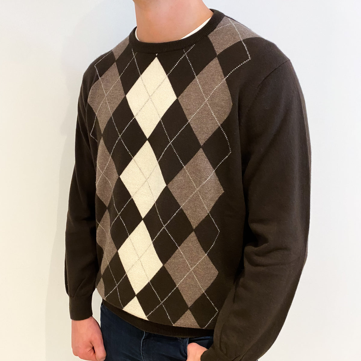 Men's Chocolate Brown Diamond Cashmere Crew Neck Jumper XXL
