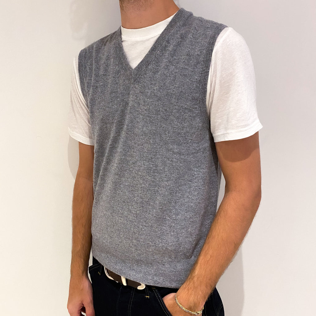 Men's Steel Grey Cashmere V-Neck Tank Top Medium