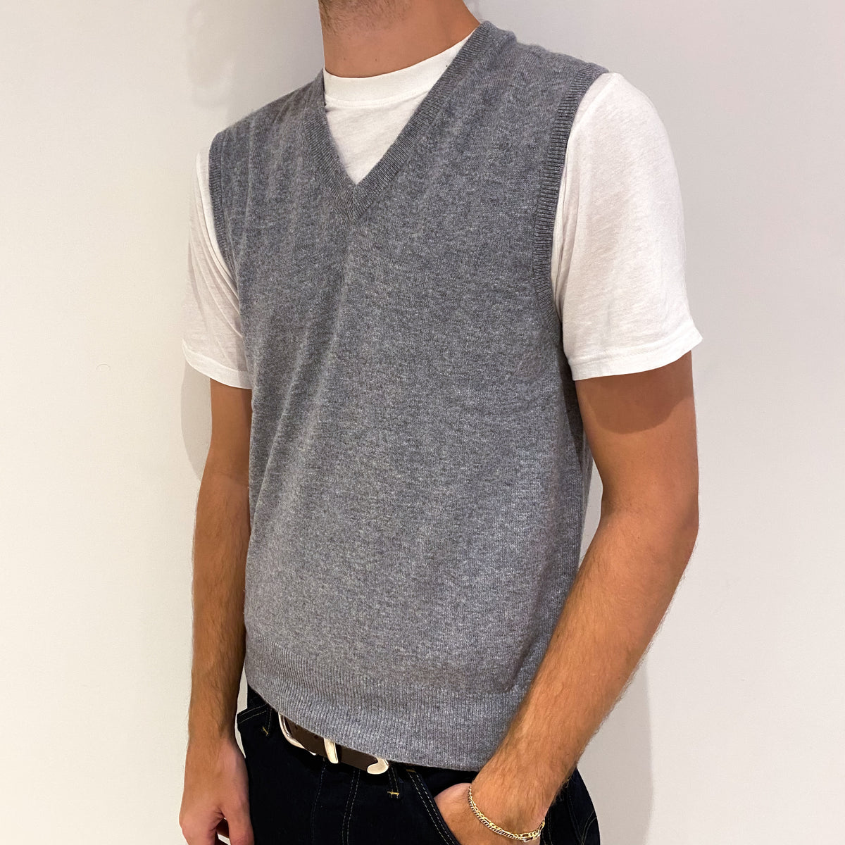 Men's Steel Grey Cashmere V-Neck Tank Top Medium