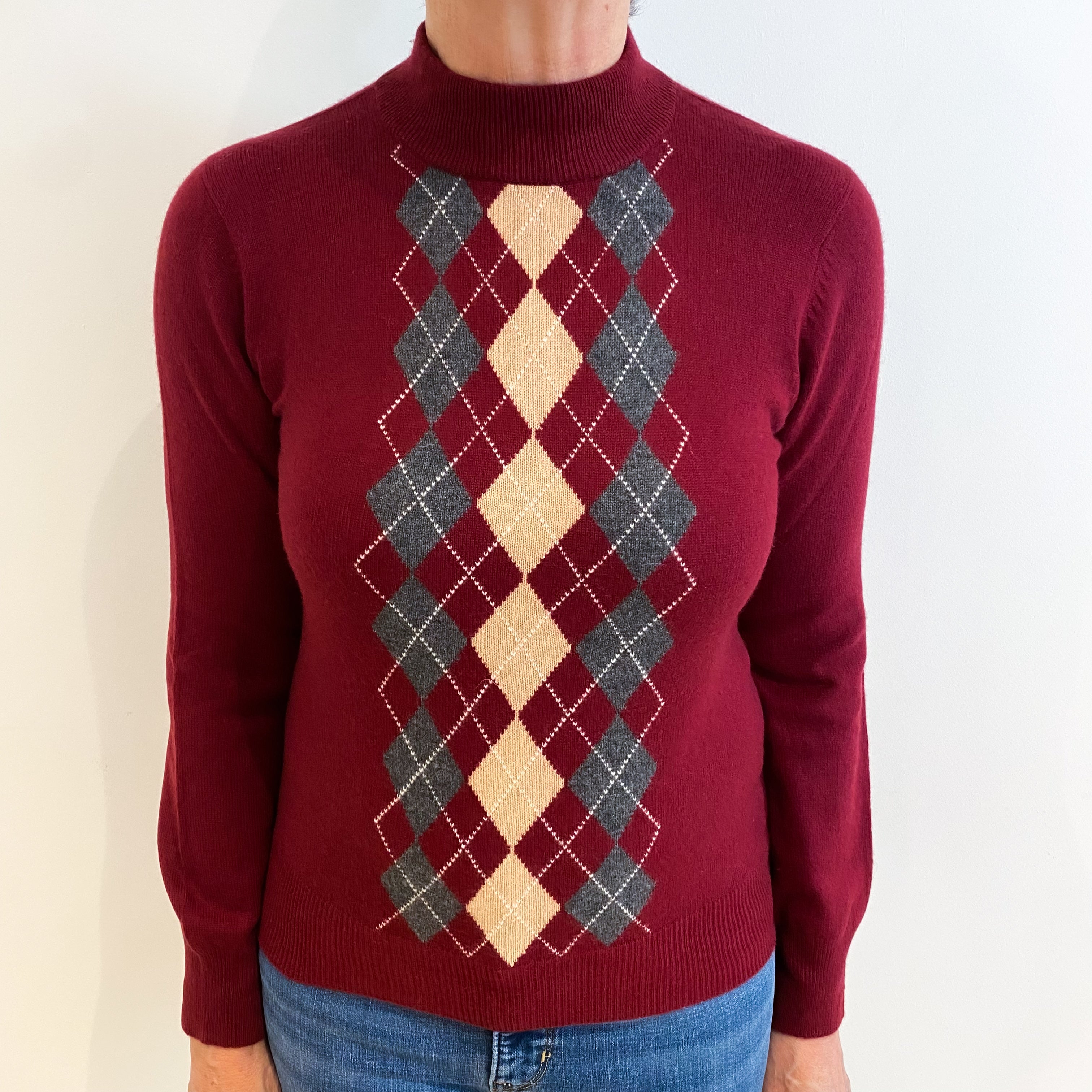 Burgundy Red Argyle Cashmere Polo Neck Jumper Medium