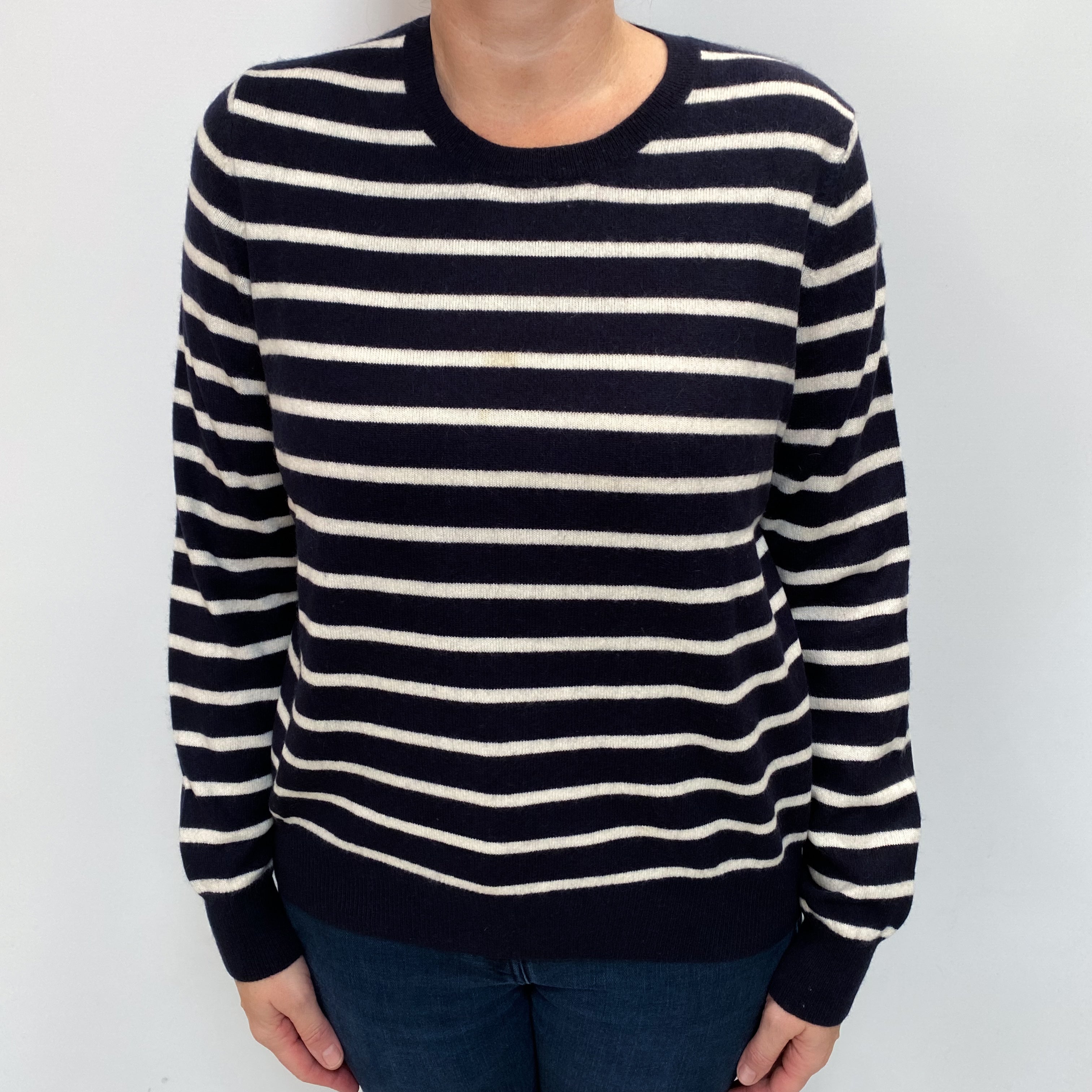 Navy and Cream Stripe Cashmere Crew Neck Jumper Large